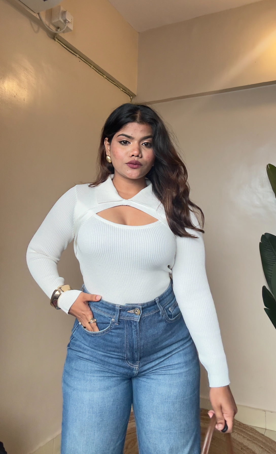 Black Cut-Out Collar Ribbed Top