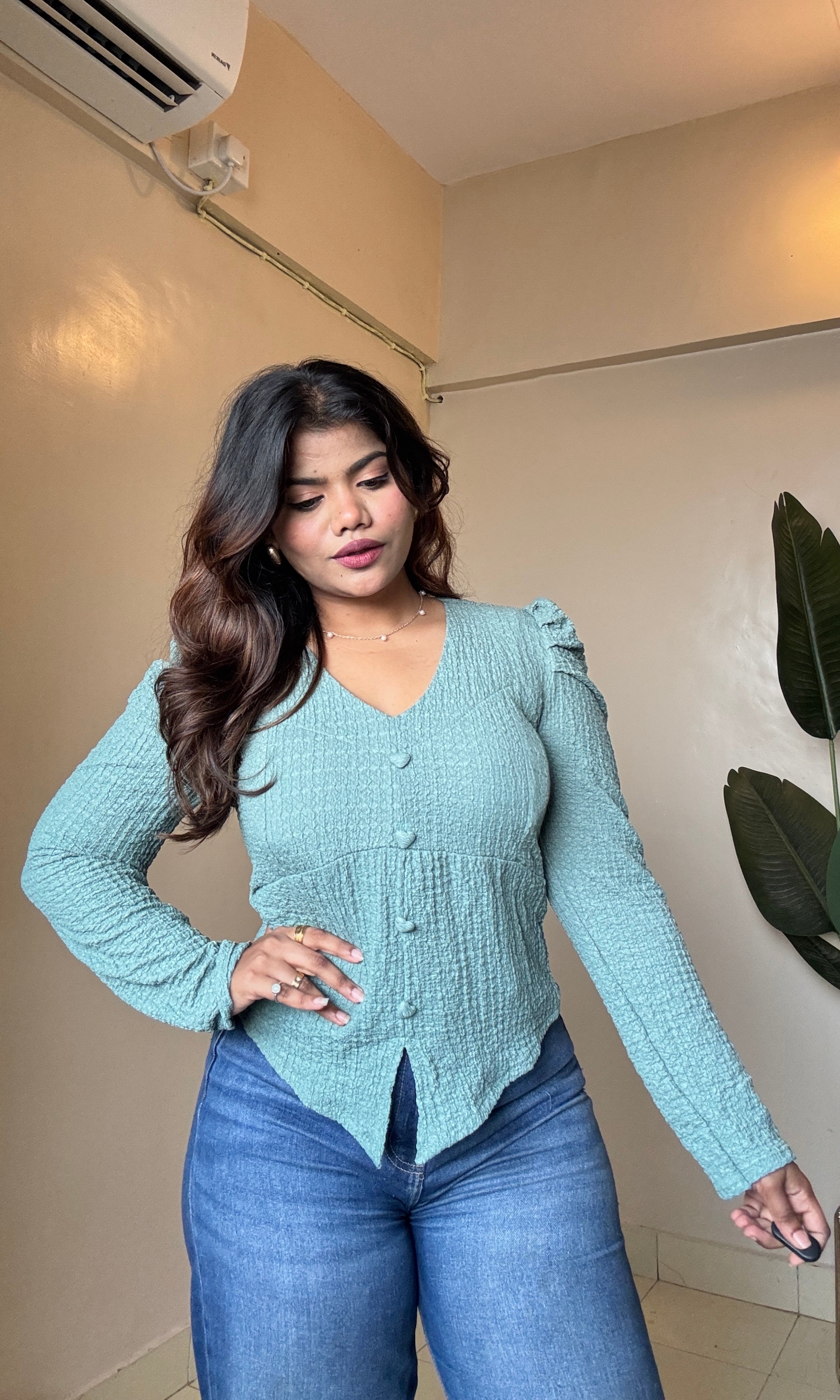 Textured V Neck Puff Sleeve Top