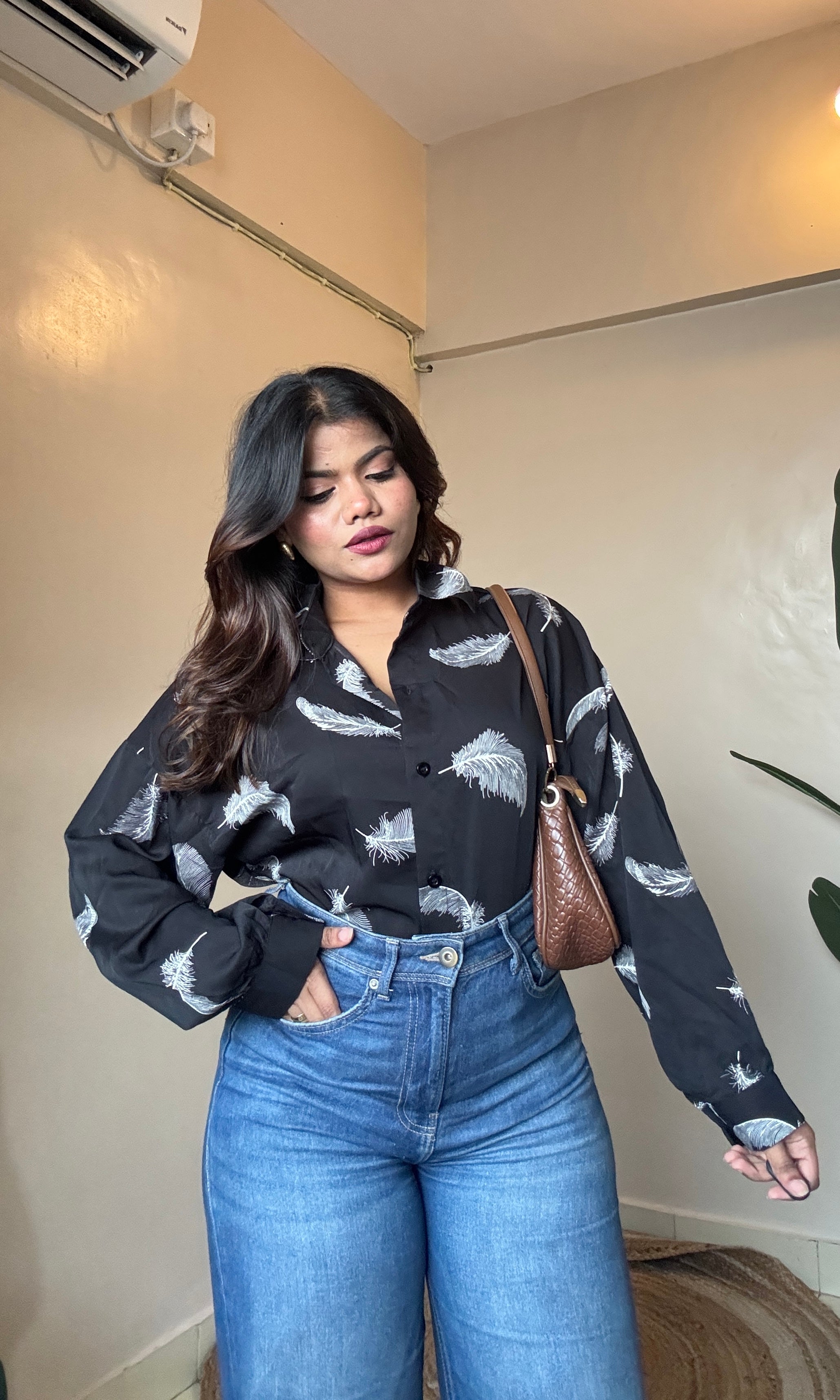 Black Leafy Printed Imported Shirt