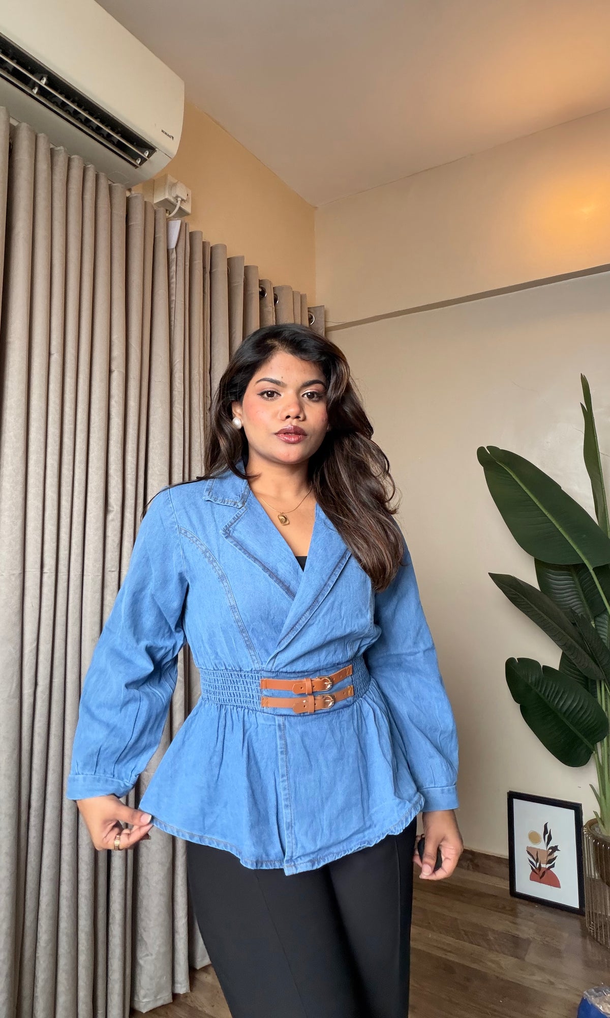 Denim Belt Detailing Peplum Top