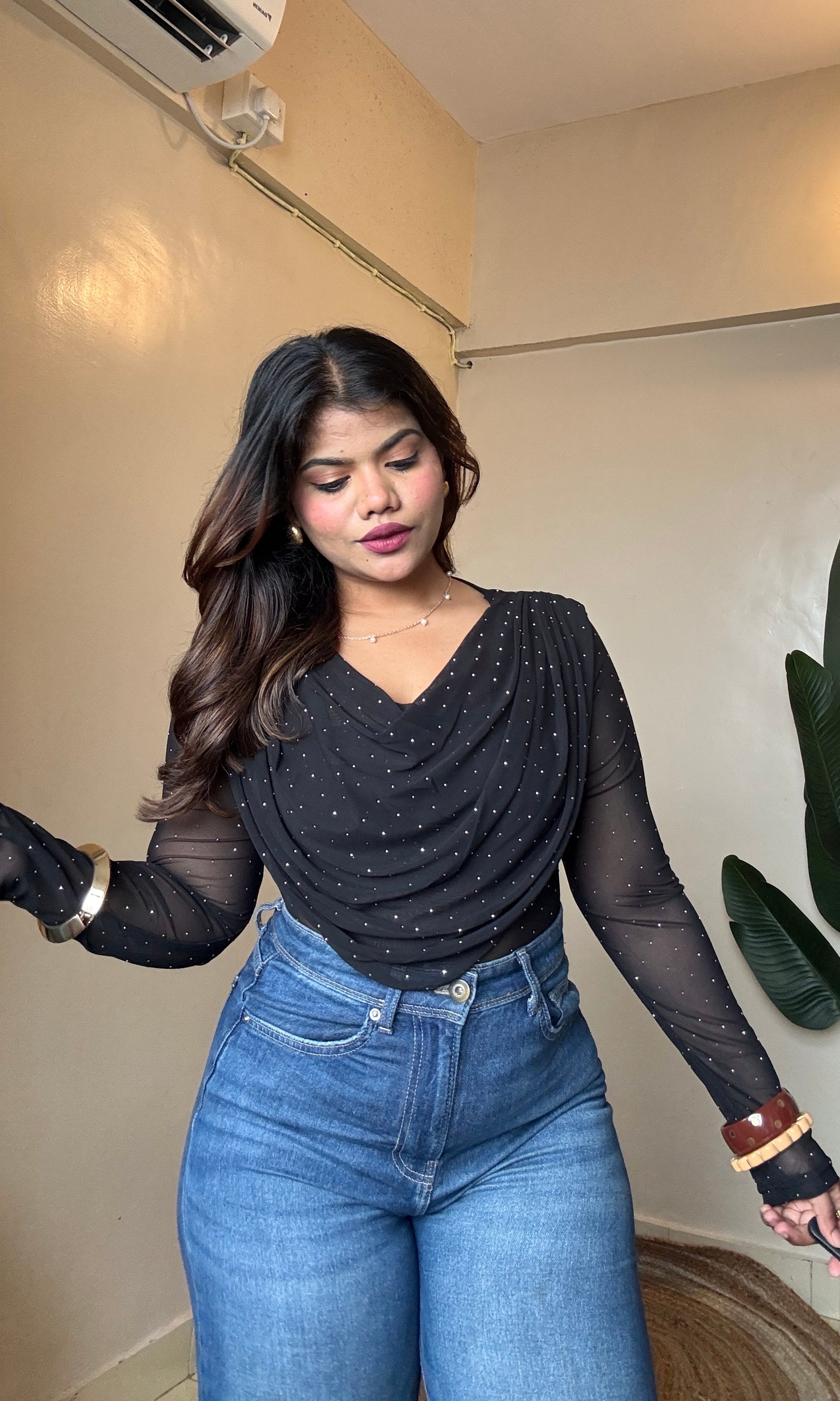 Bestseller Rhinestones Fall Neck Mesh Top