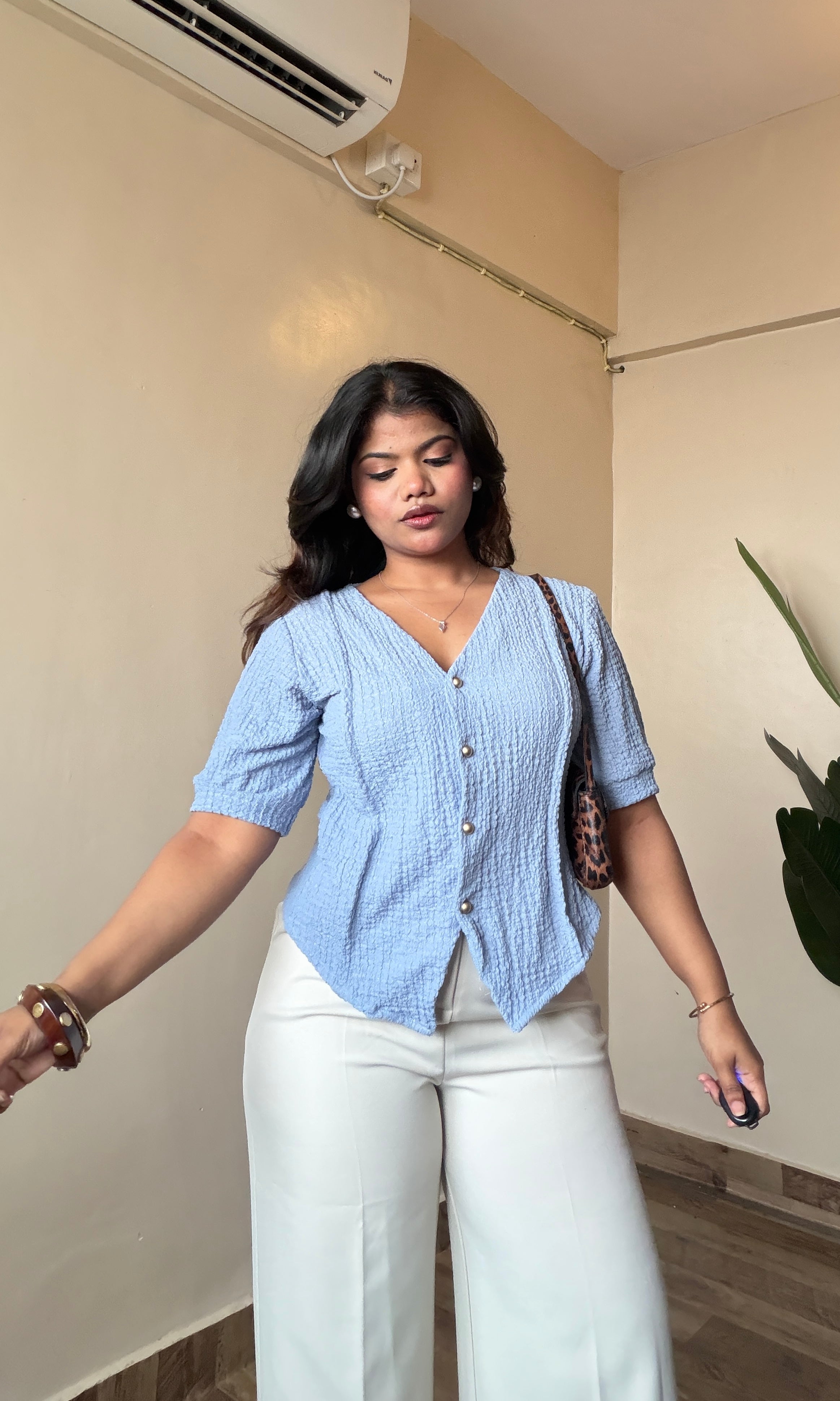 Blue V neck golden button half Sleeve shirt