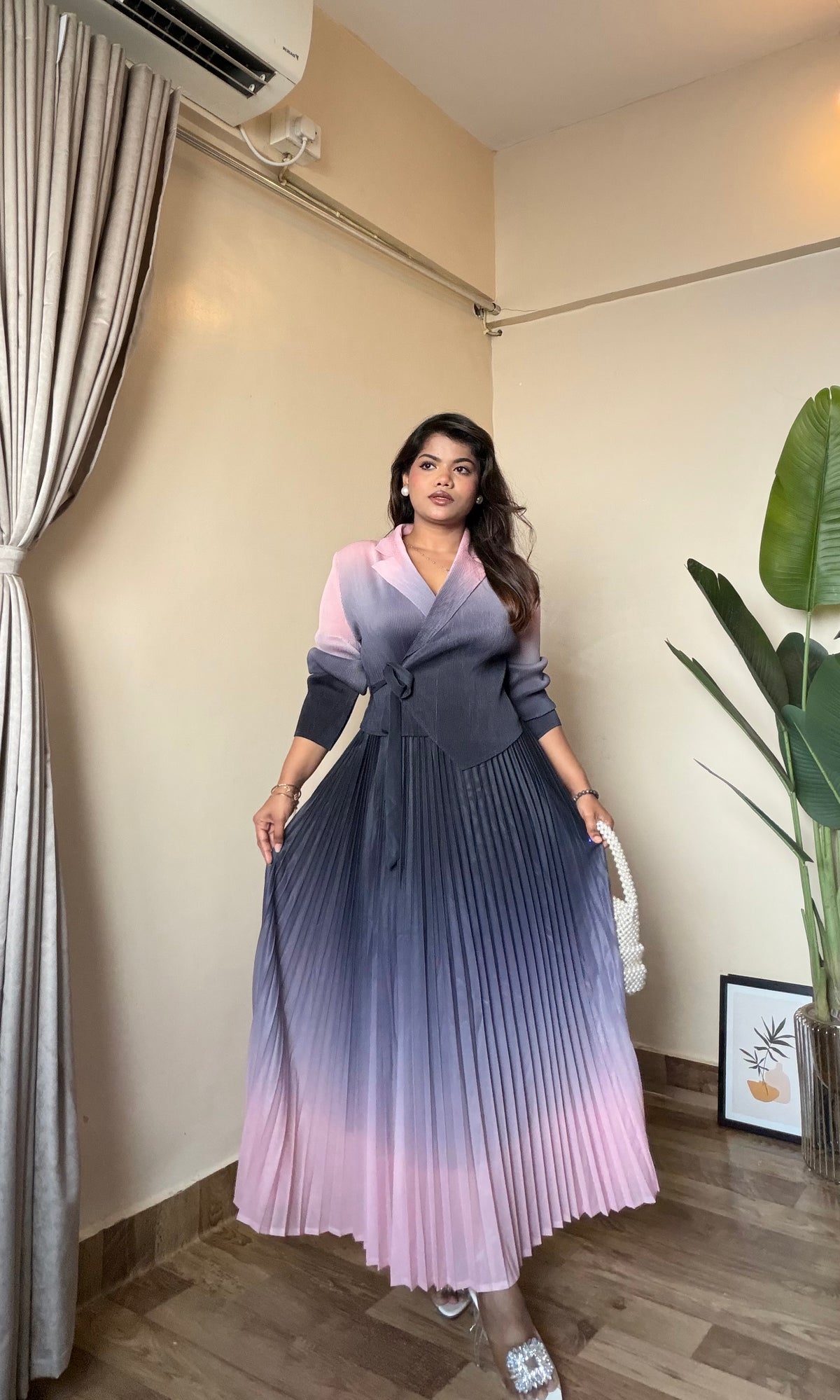 Ombre Pleated Tie-Up Dress