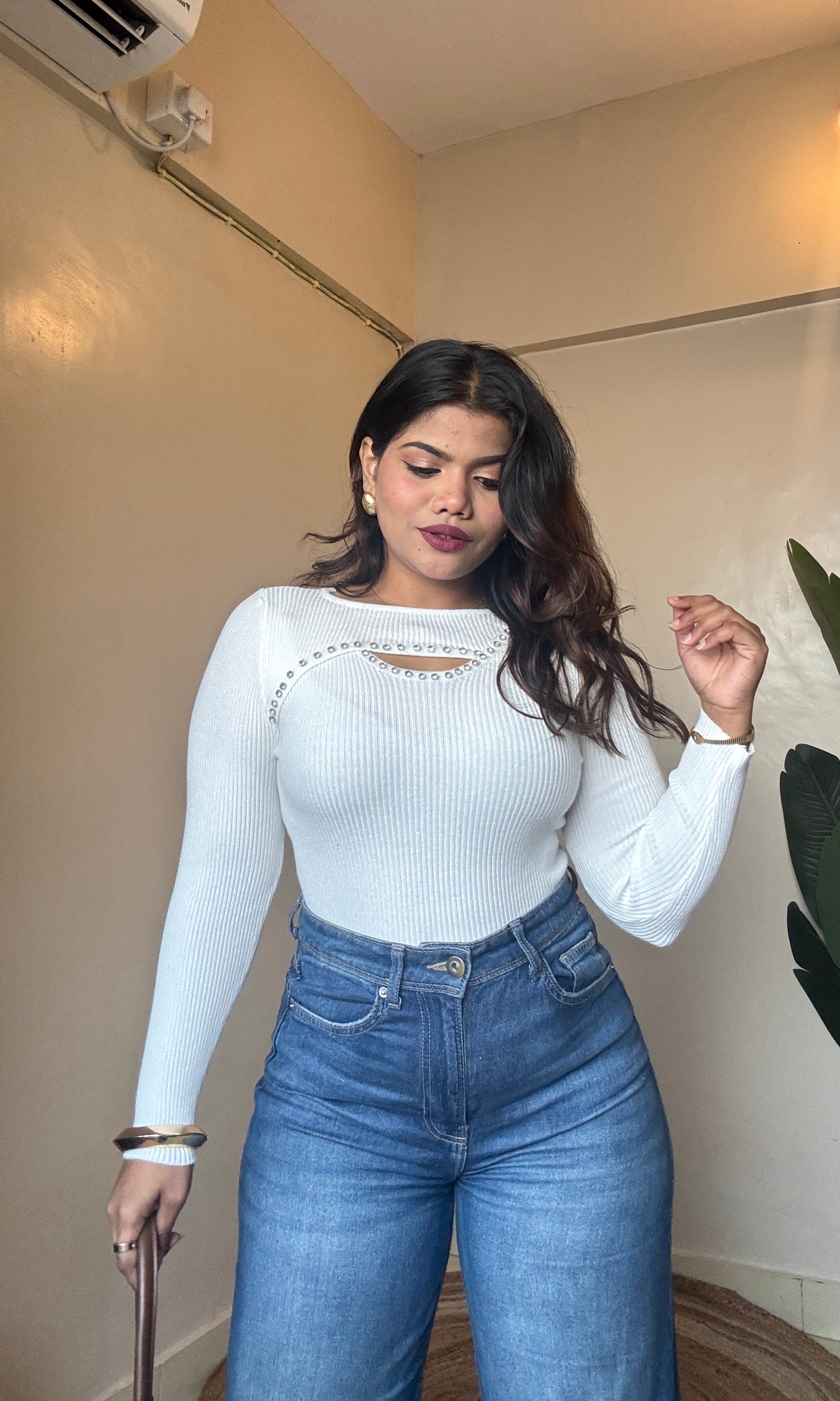 Diamond Work Cut-Out Ribbed Top
