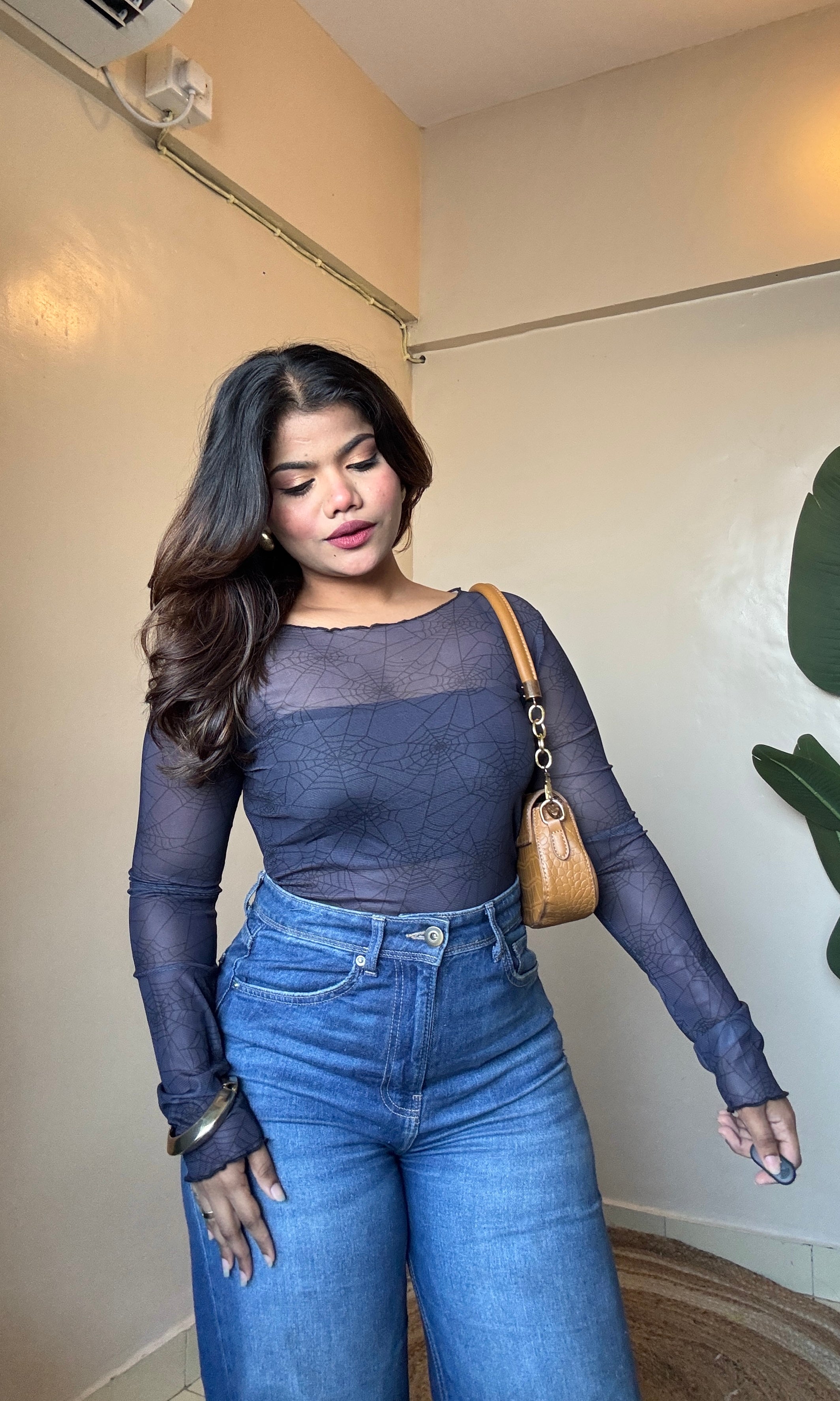 Black Printed Mesh Top With Inner