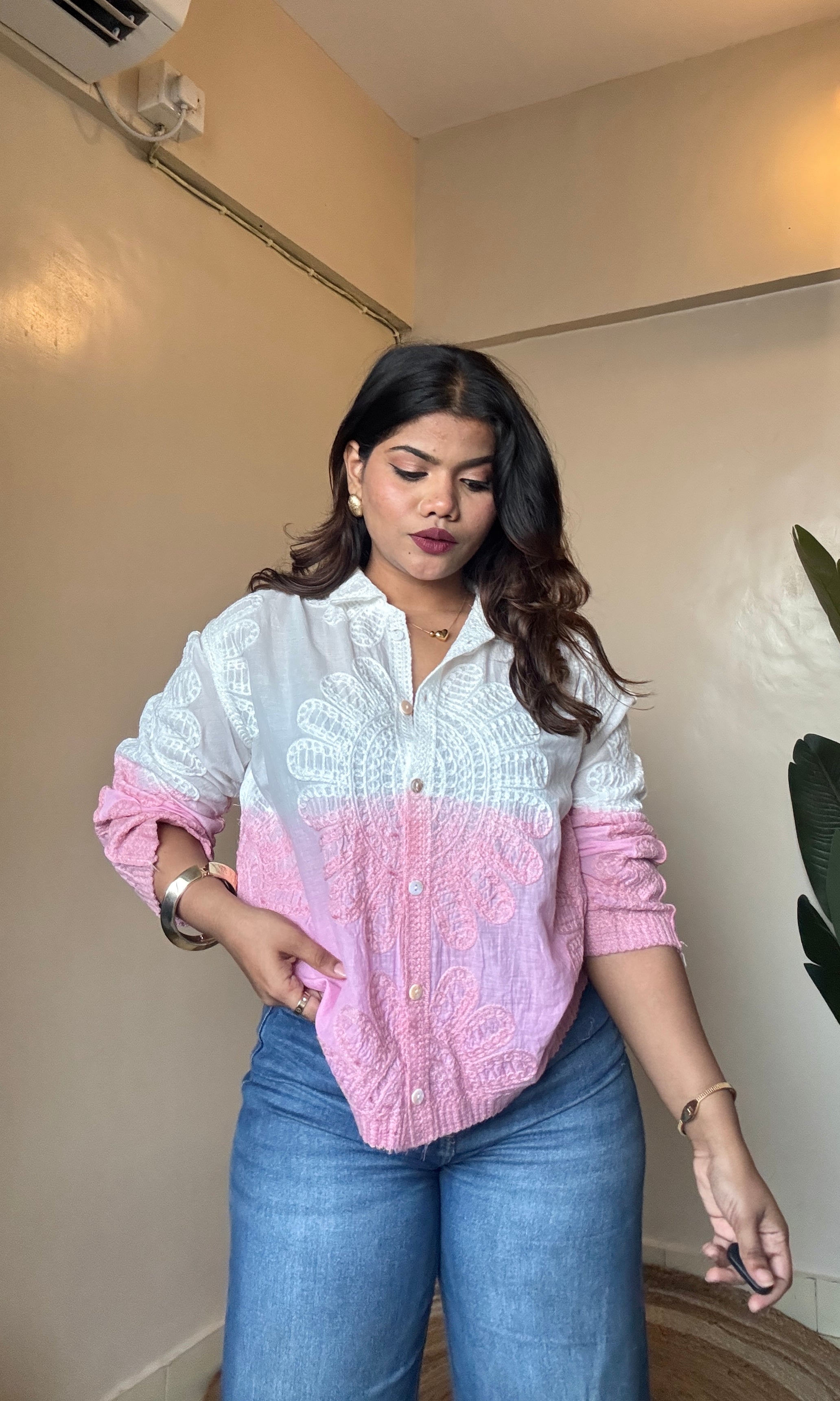 Pink Embroidery Cotton Ombre Shirt