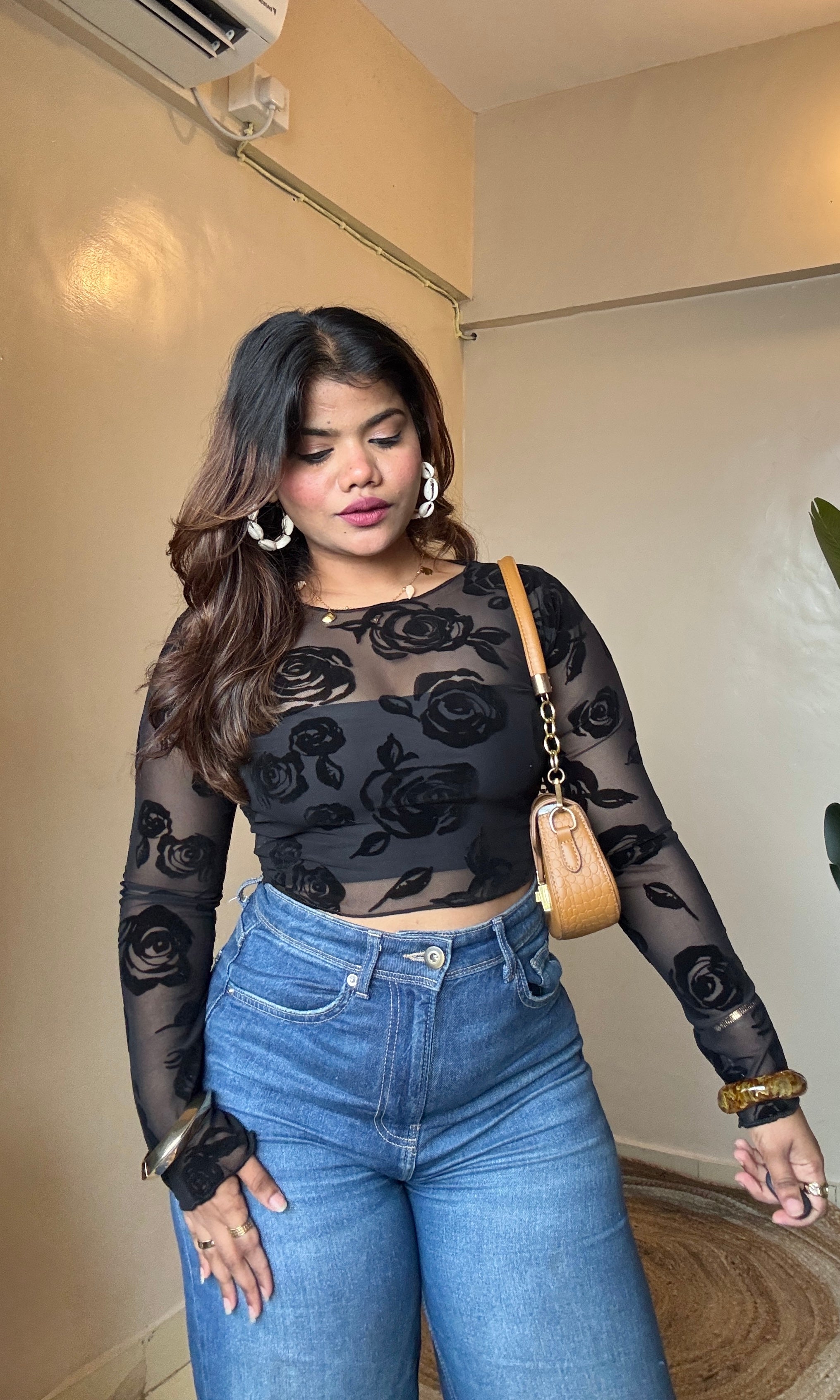 Rose Velvet Printed Mesh Top With Inner