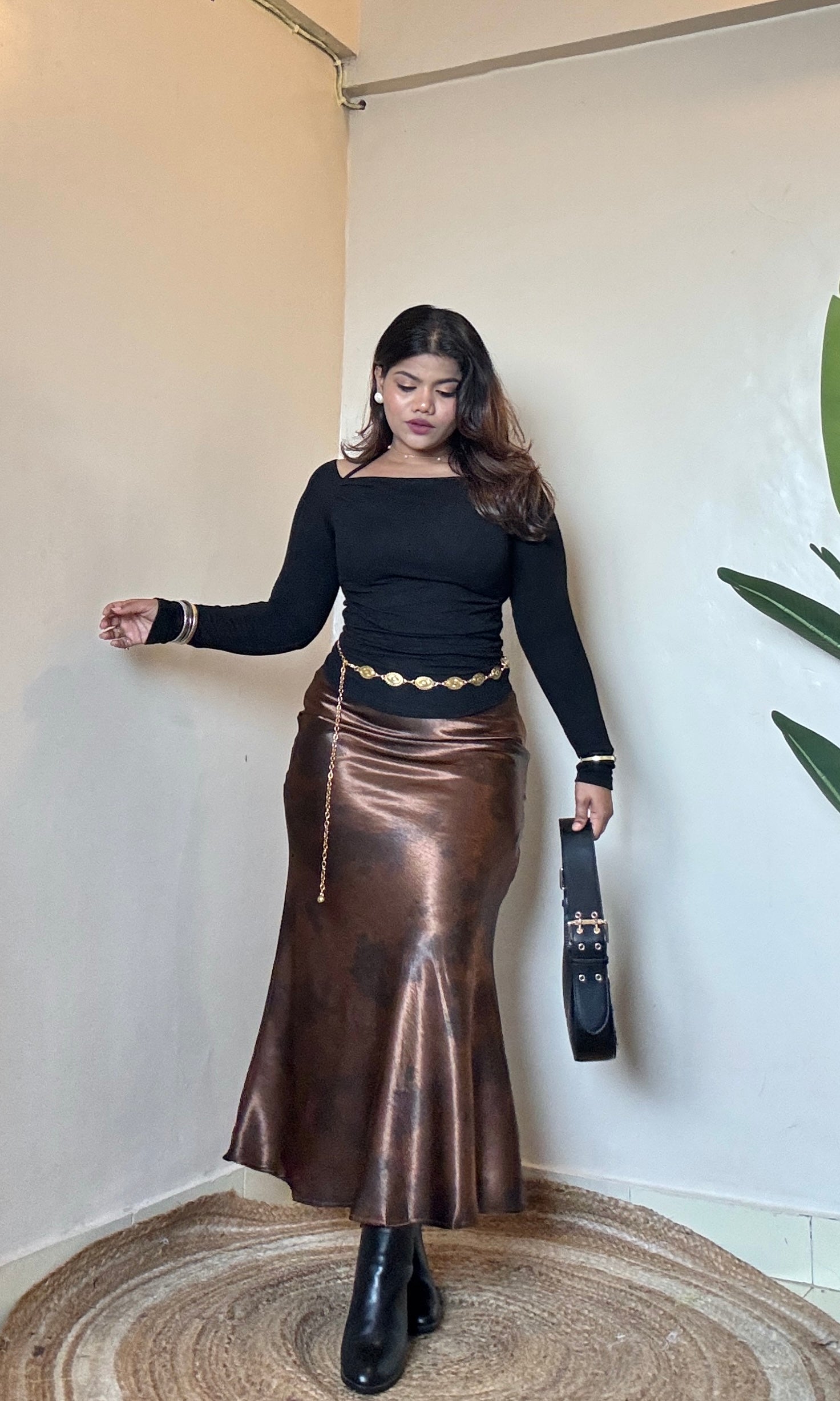 Premium Brown Printed Satin Skirt