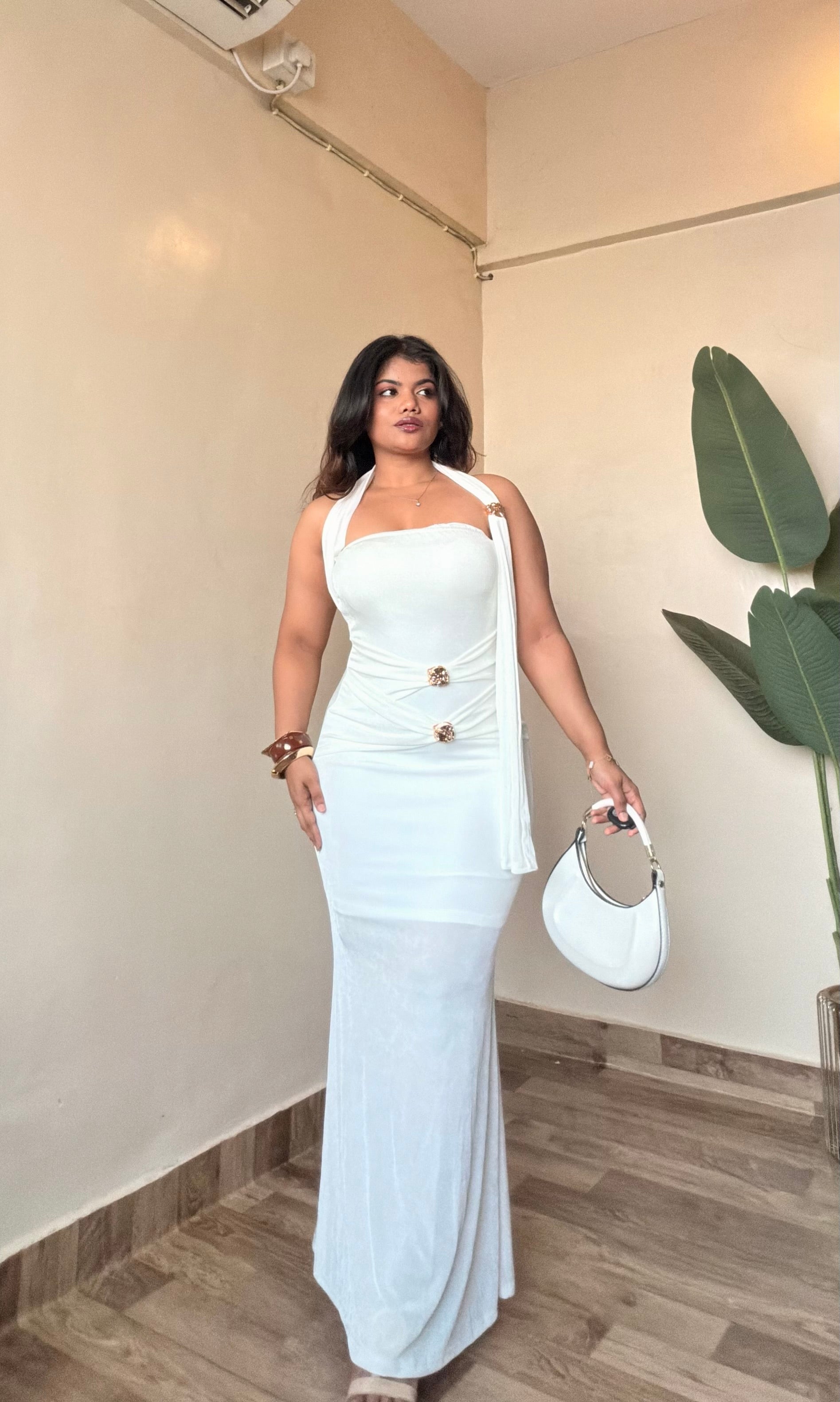 Premium Metallic-Brochure Halter Neck Bodycon Dress