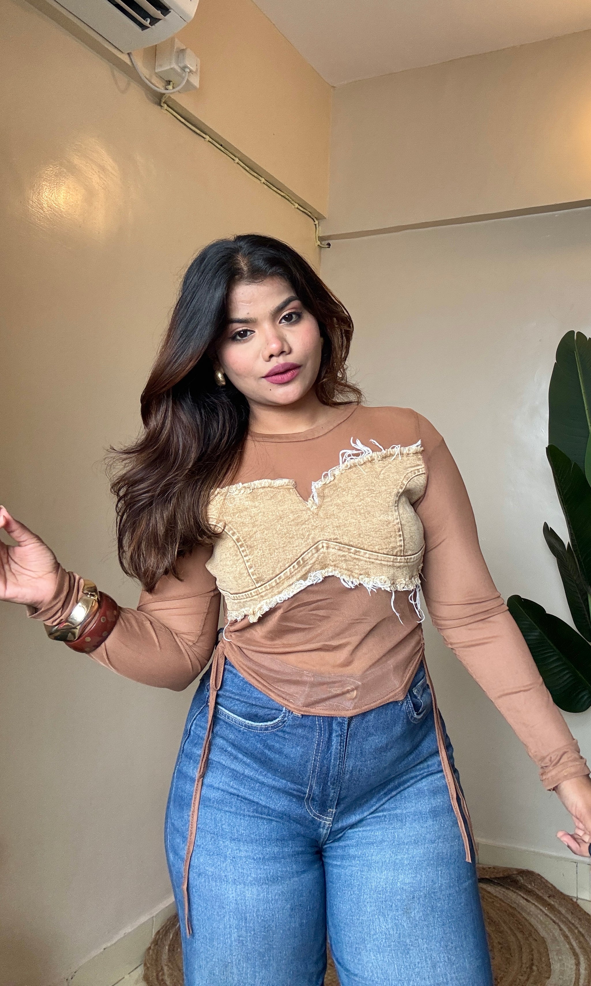 Ruched Denim Mesh Top