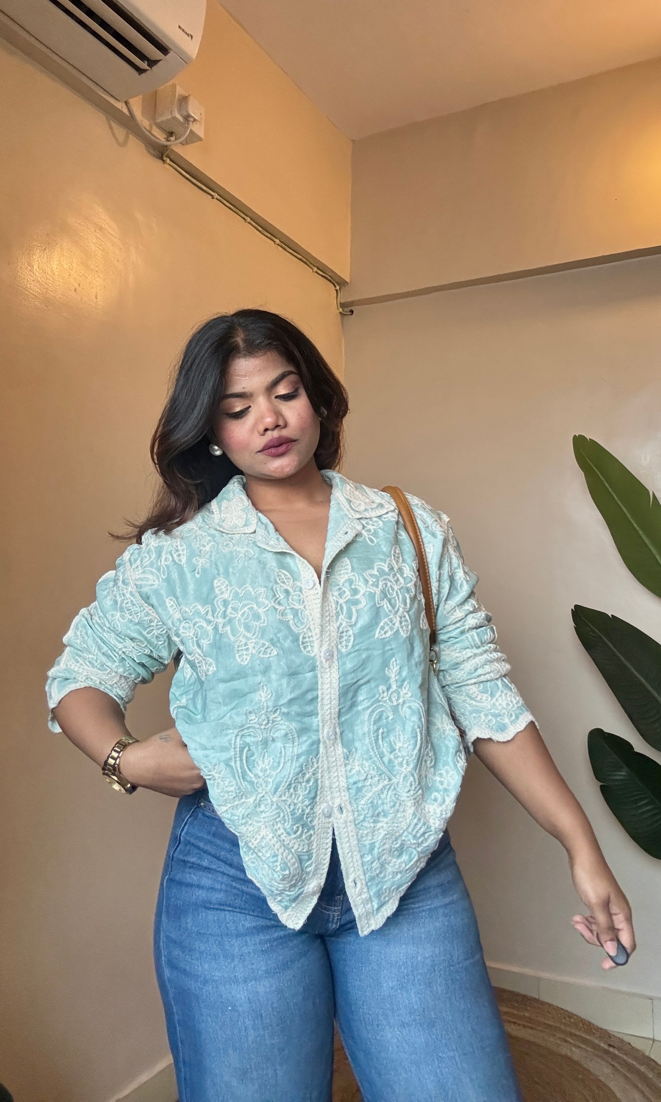 Caro Premium Green Embroidered Cotton Shirts(Free Size: 34-38 Bust)