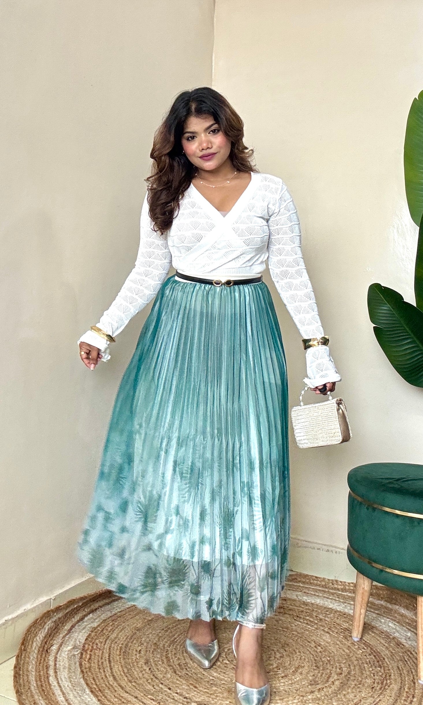 Floral Mesh Pleated Skirt