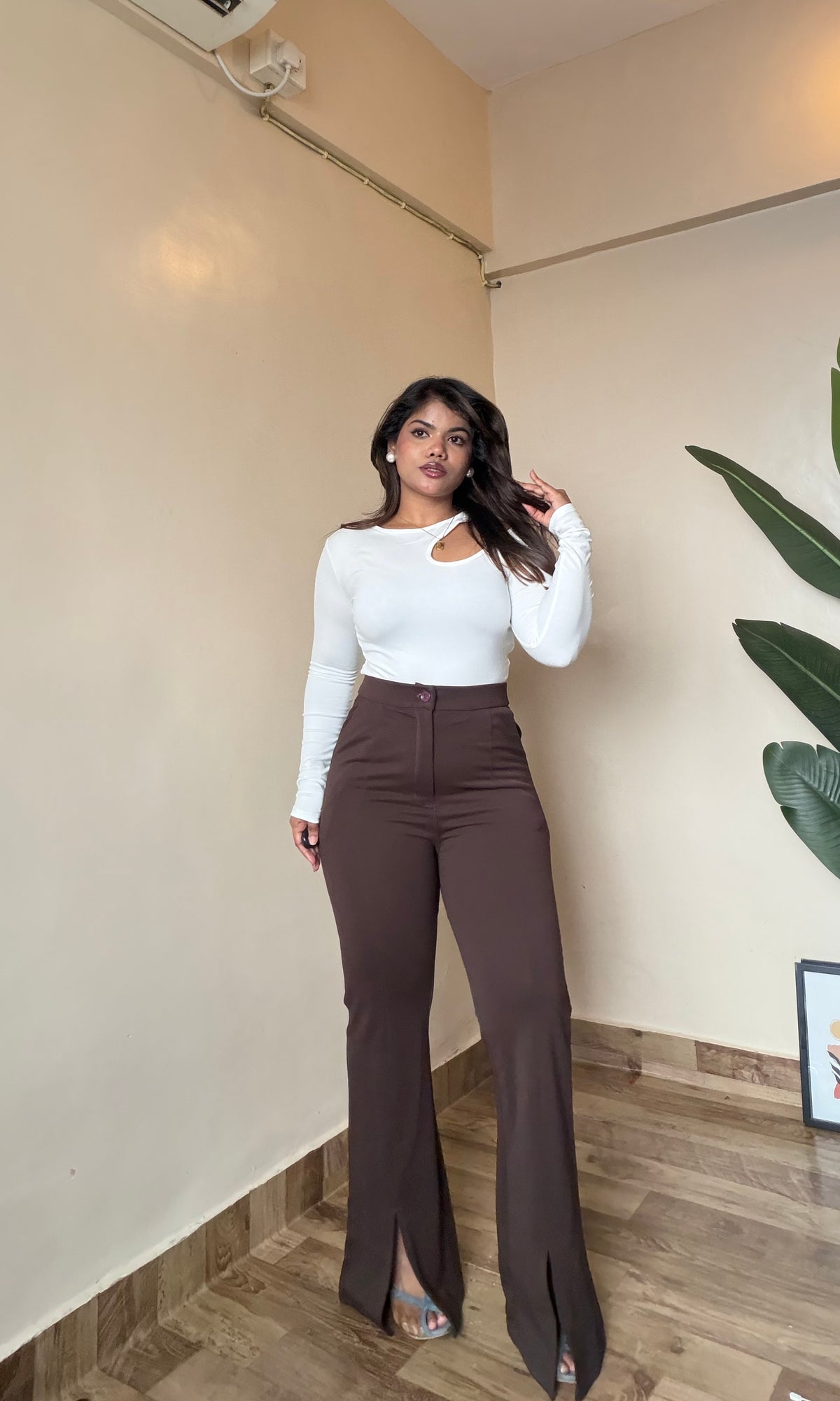 Brown Slit Cut Bell Bottom Trouser