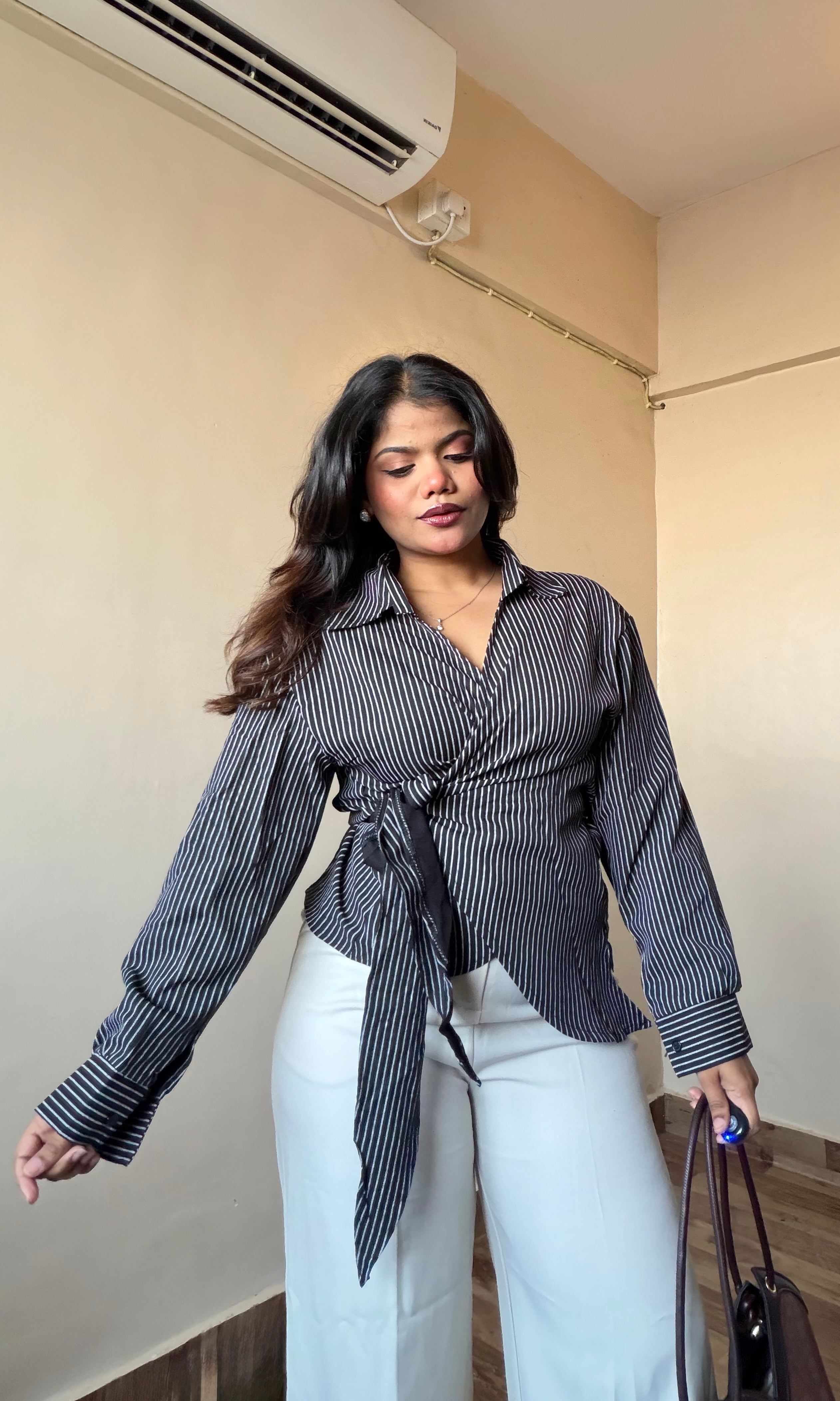 Wrap Style Tie-Up Striped Shirt