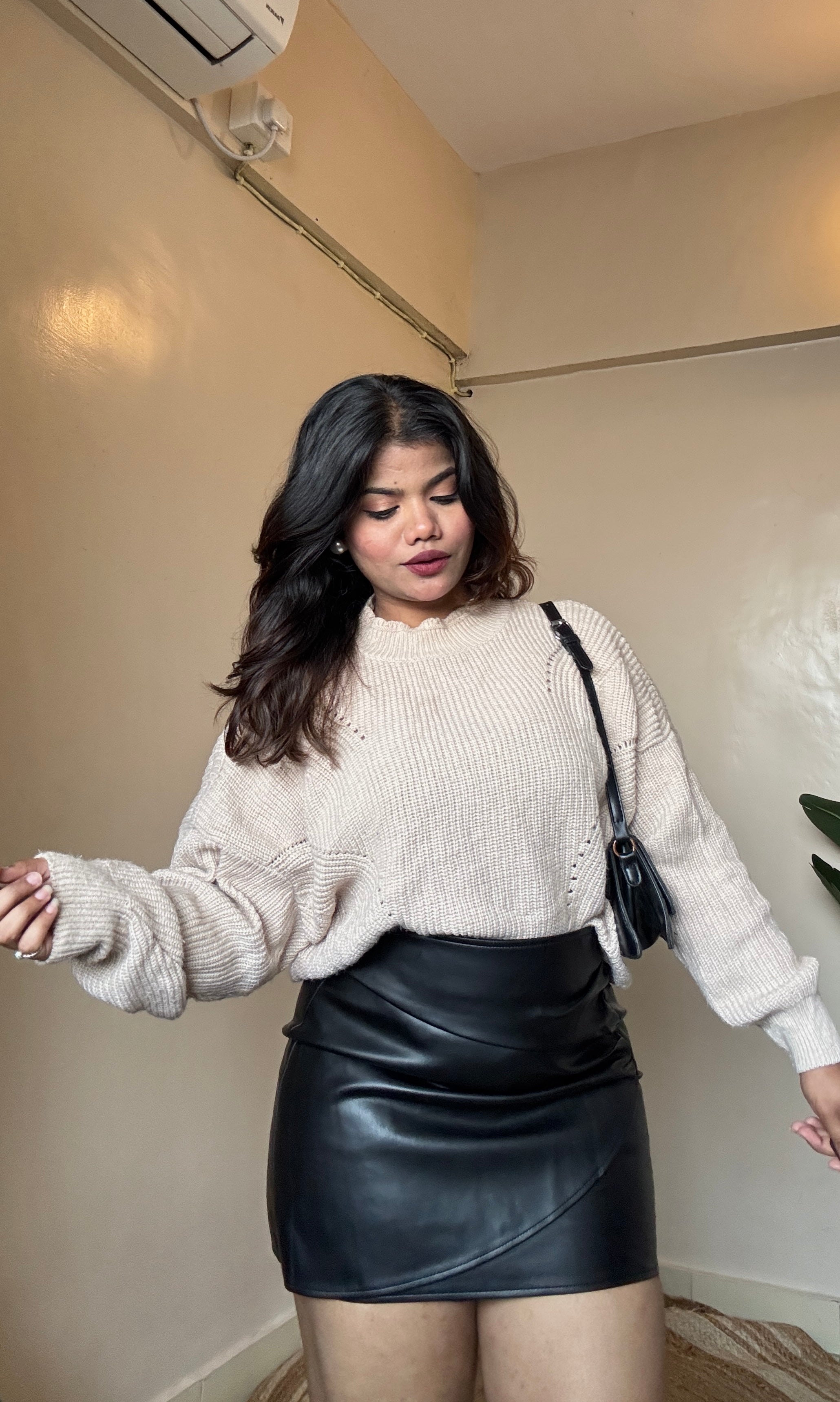 Beige High-Neck Knit Pullover