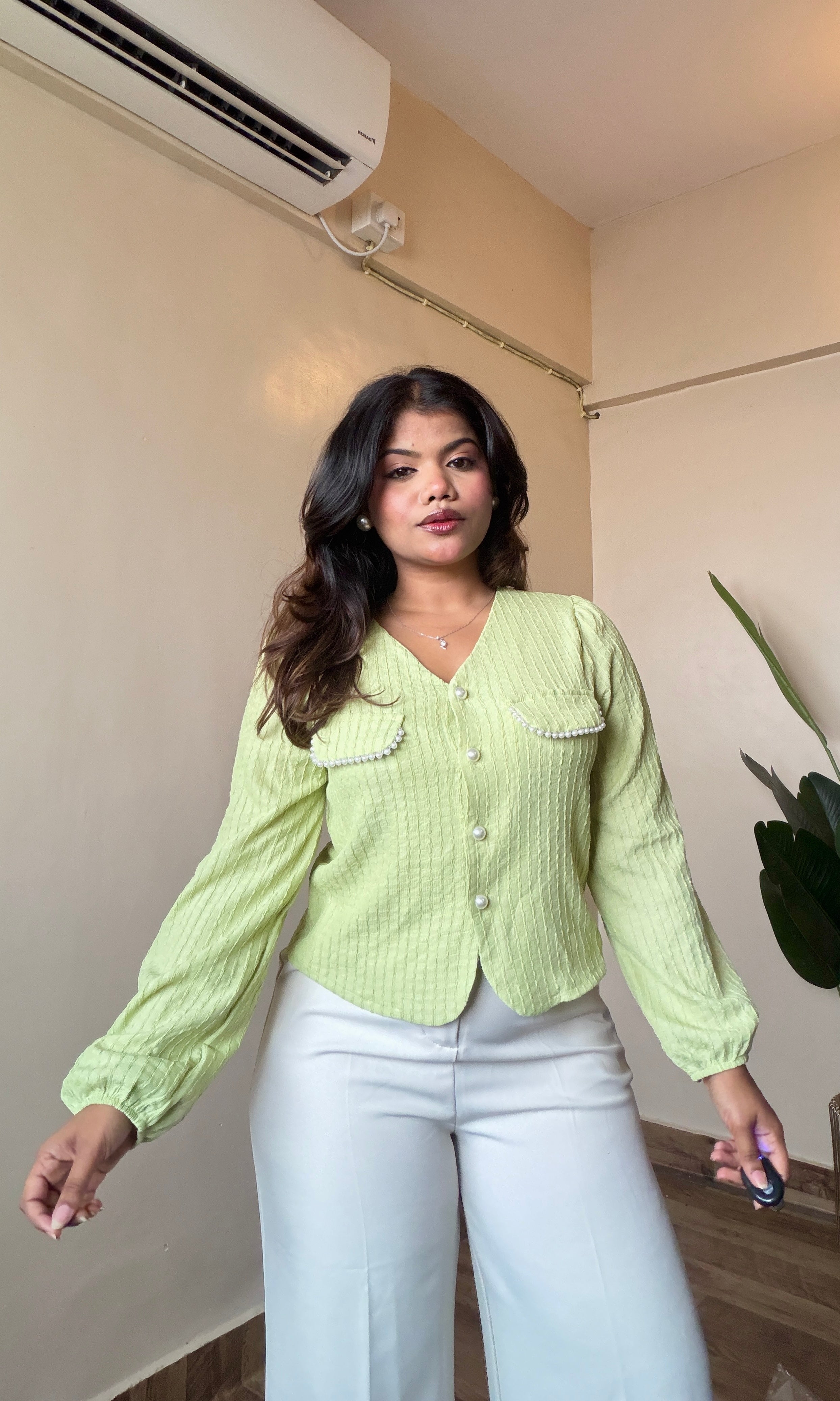 French Style Pearl-work V Neck Shirt