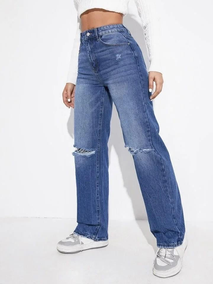 Stone Blue High Waist Ripped Wide Leg Jeans