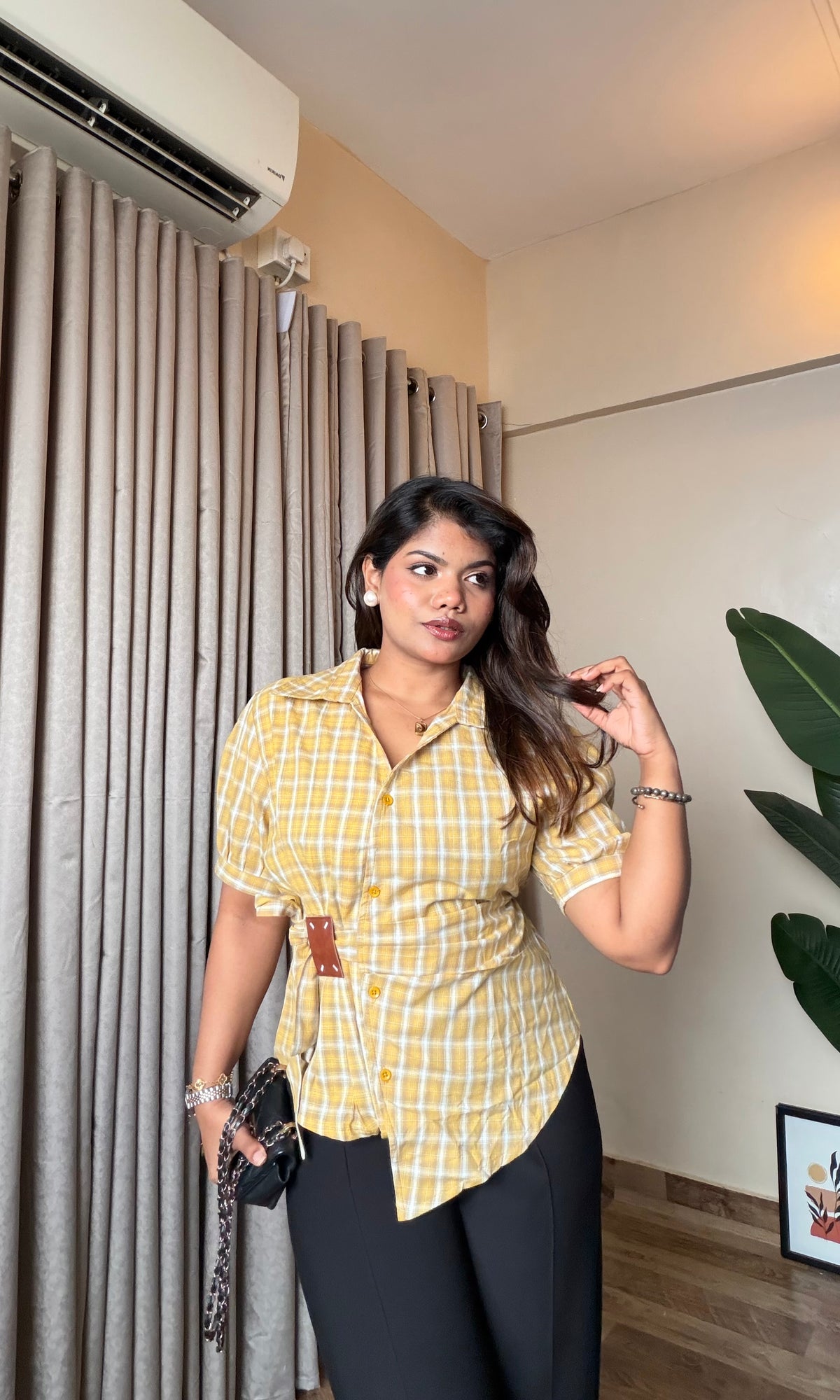 Checker Wrap Tie-Up Half Sleeve Shirt