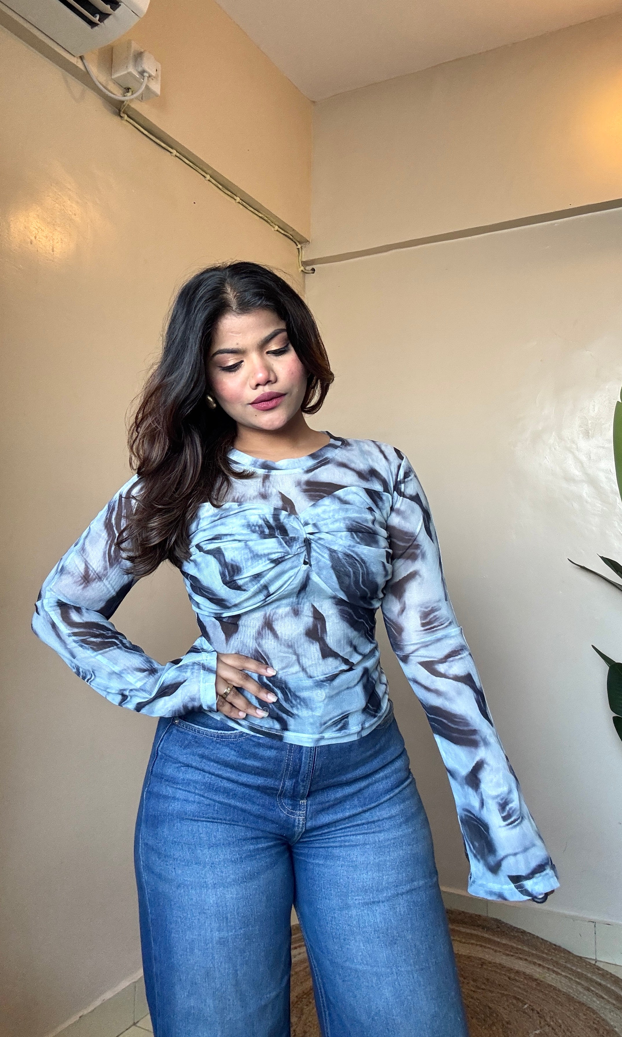 Blue Crossover Marble Print Mesh Top