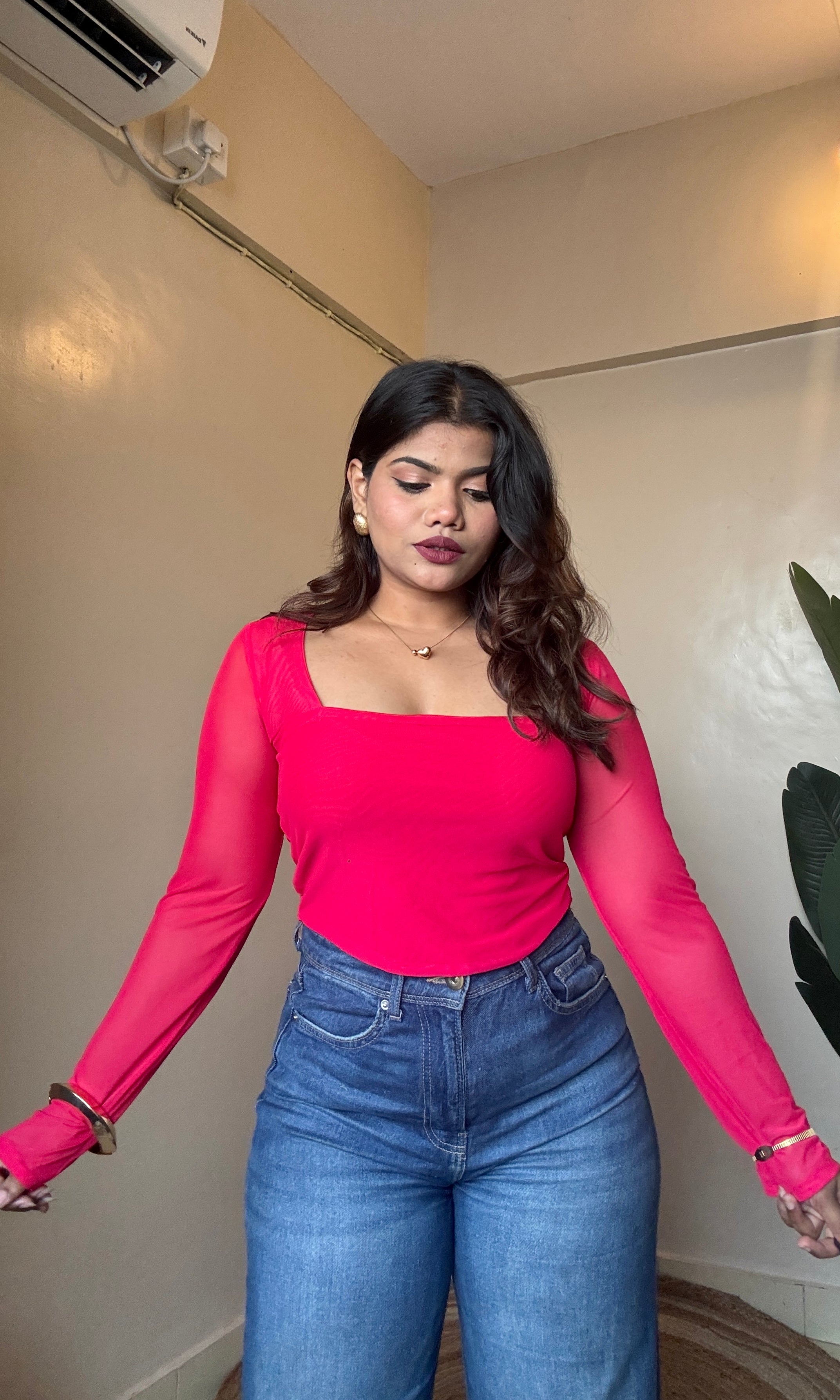 Hot Pink Square Neck Mesh Top