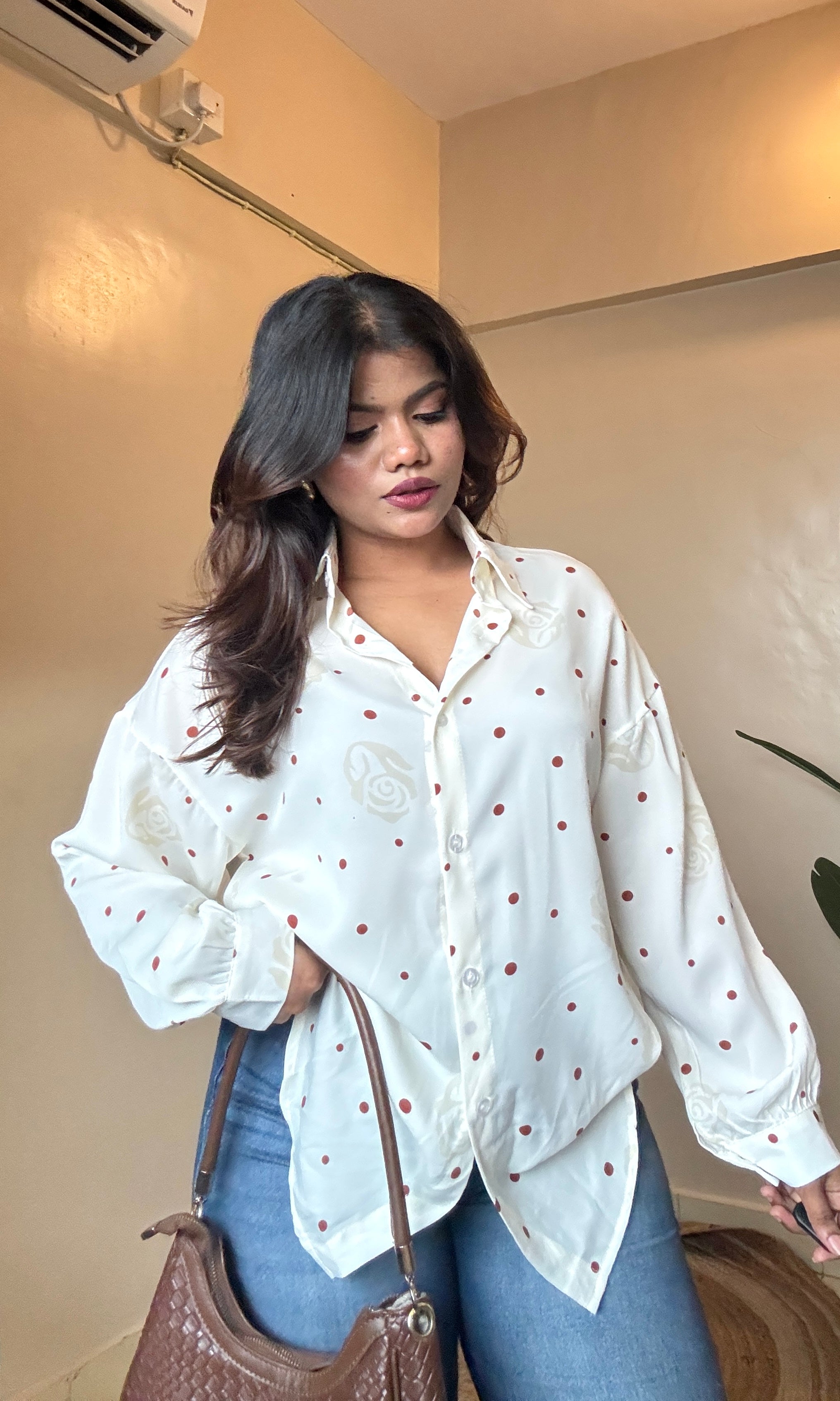 White Polka Dot Printed Imported Shirt