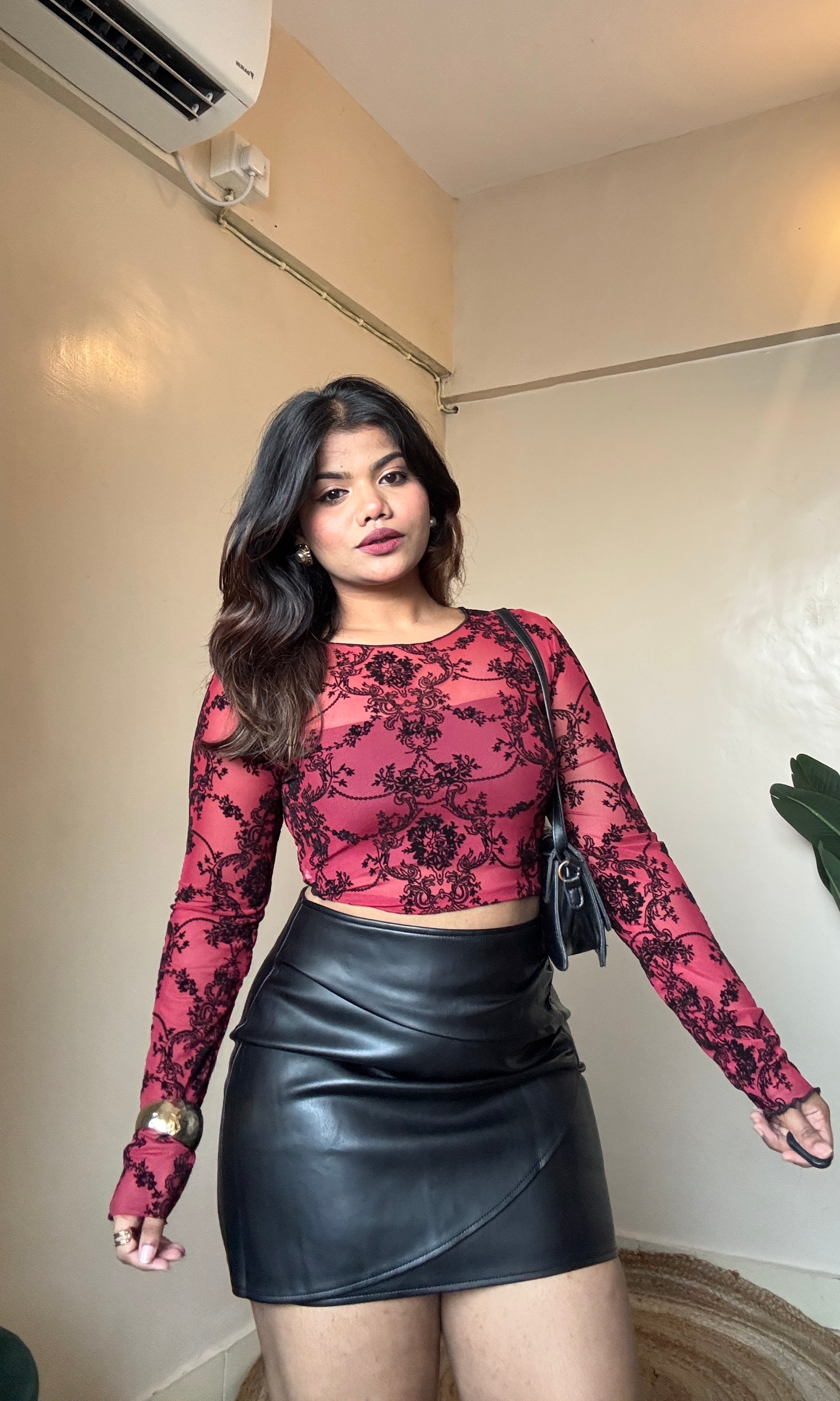 Floral Velvet Print Sheer Mesh Top With Inner-2