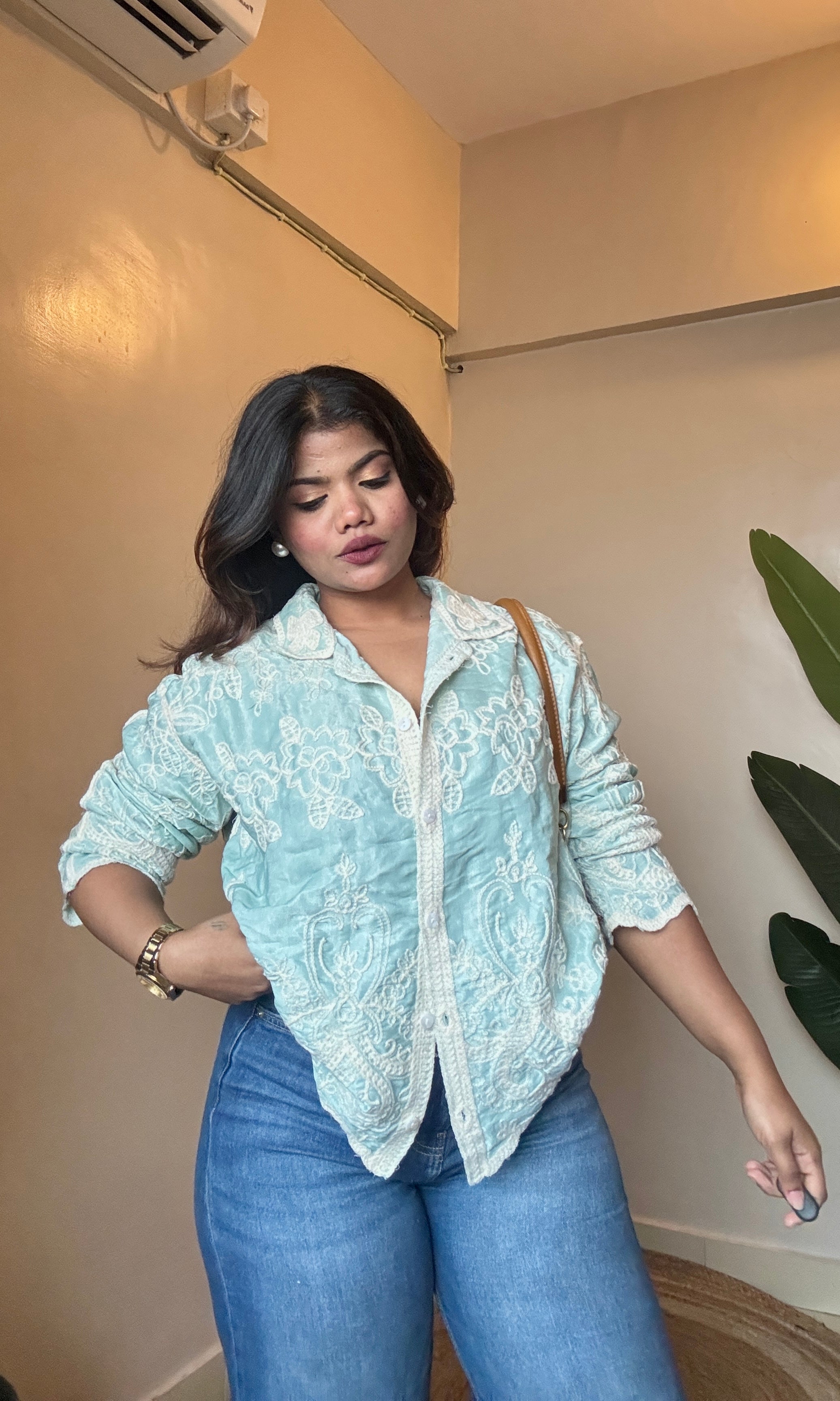 Caro Premium Green Embroidered Cotton Shirts(Free Size: 34-38 Bust)