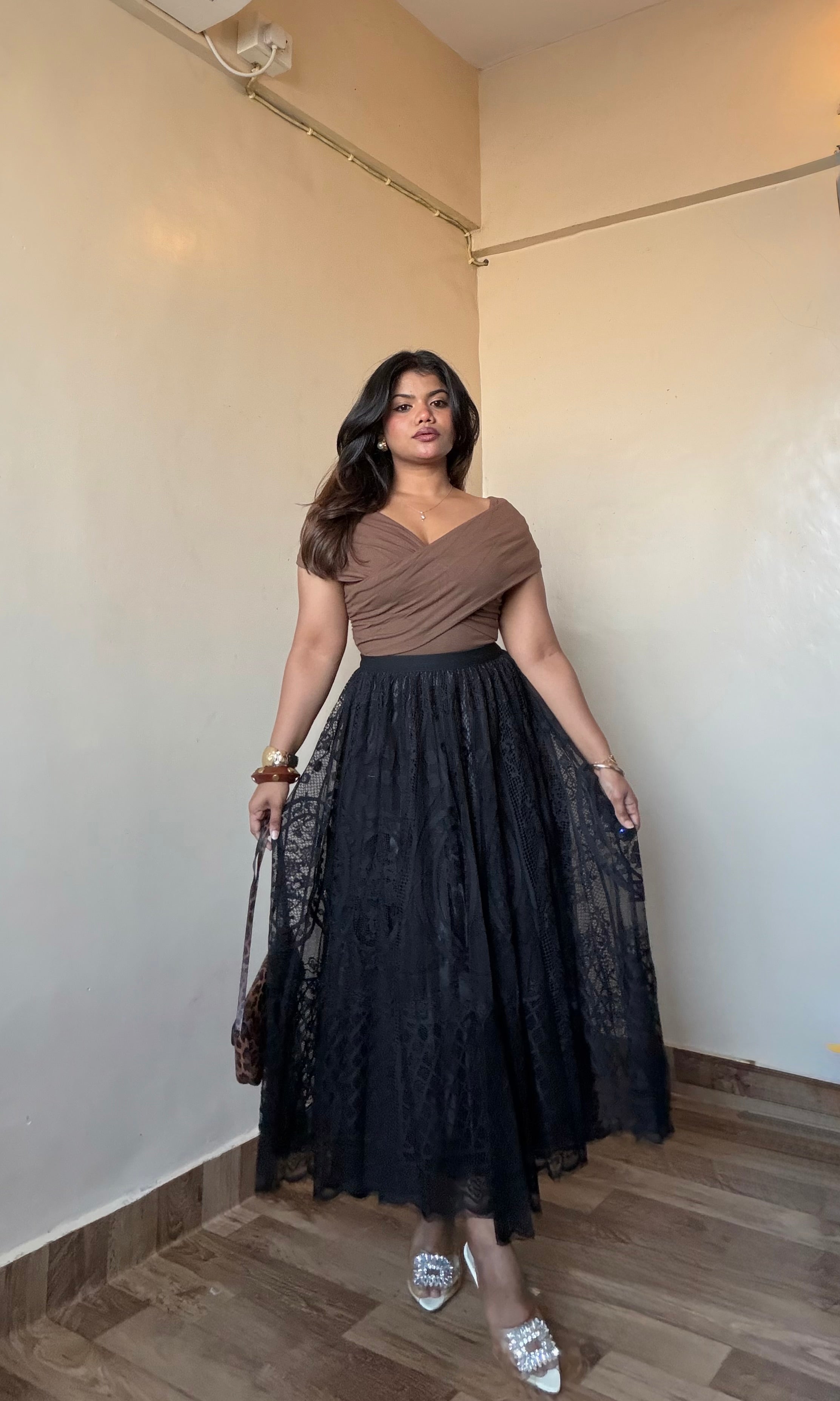 Combo Brown Top With Black Statement Lace Skirt