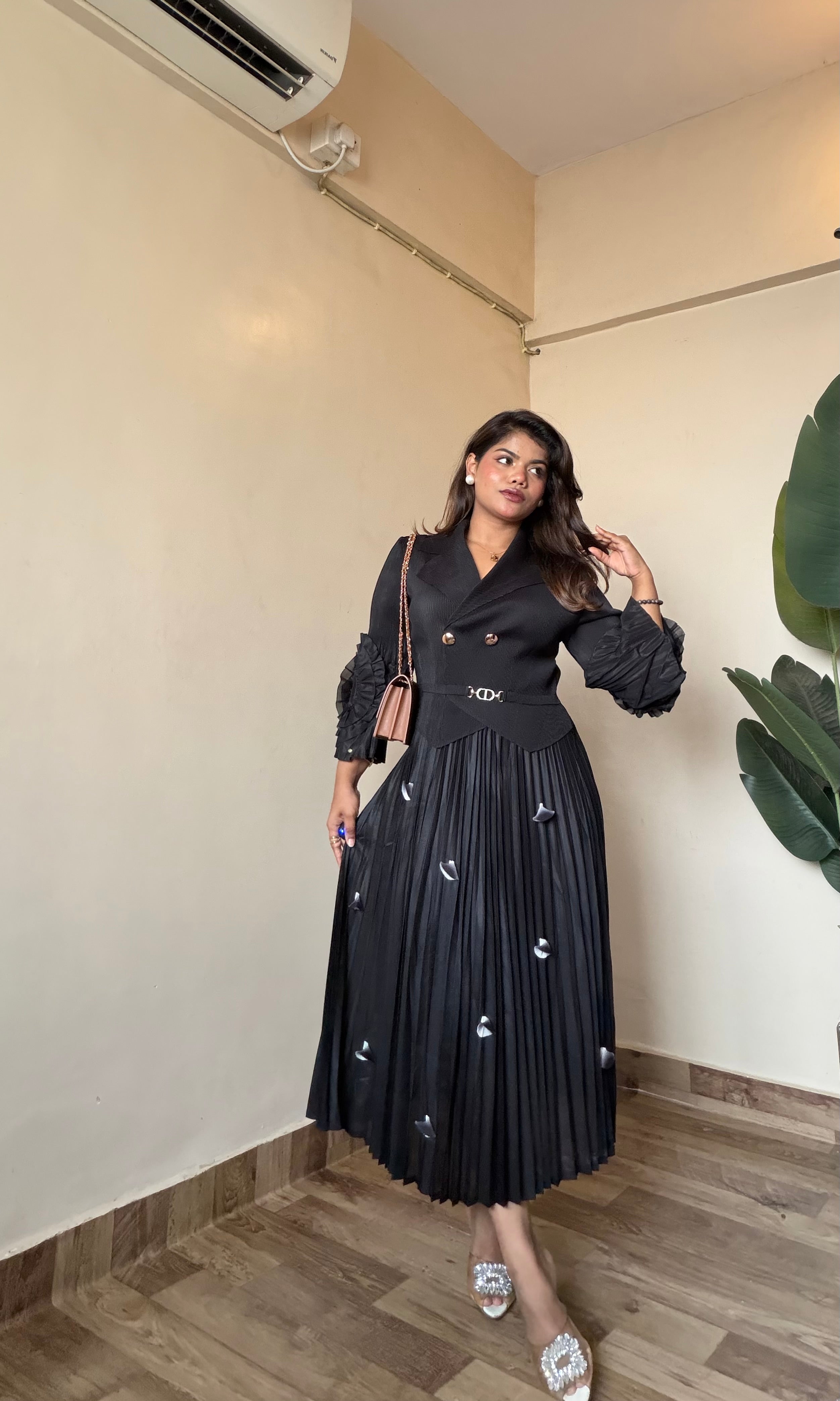 Coat Style Plated Magic Dress With Bell Sleeve
