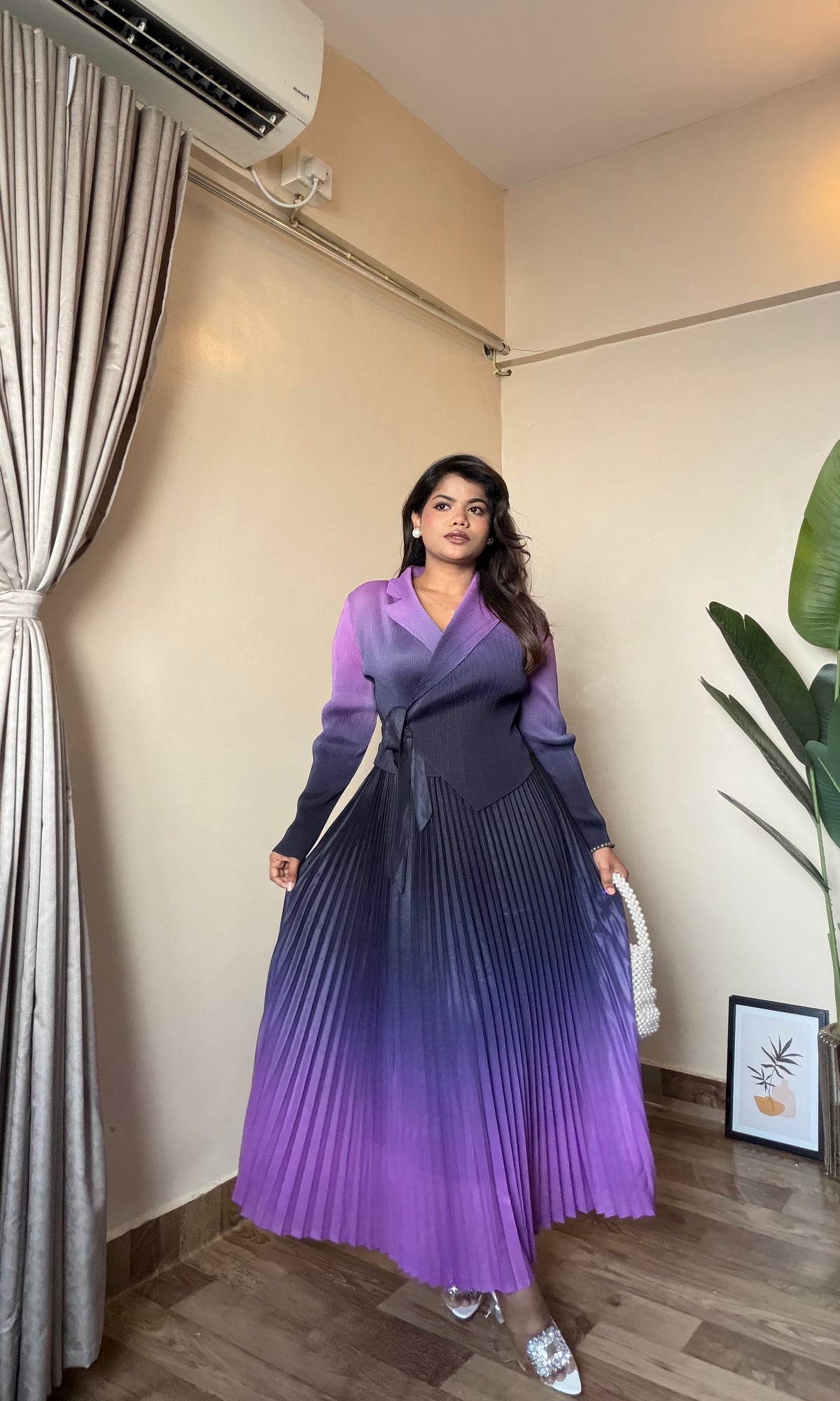 Ombre Pleated Tie-Up Dress