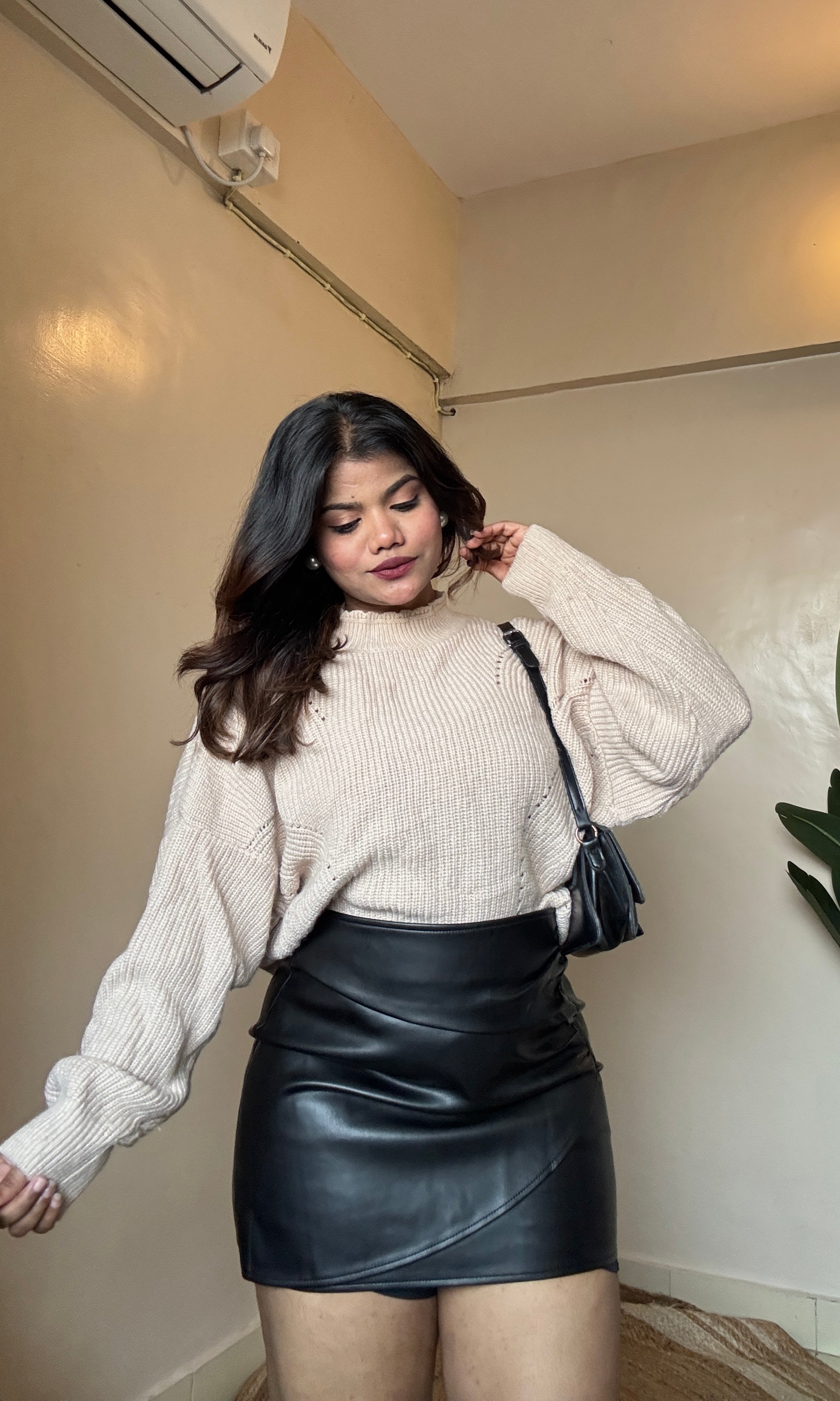 Beige High-Neck Knit Pullover