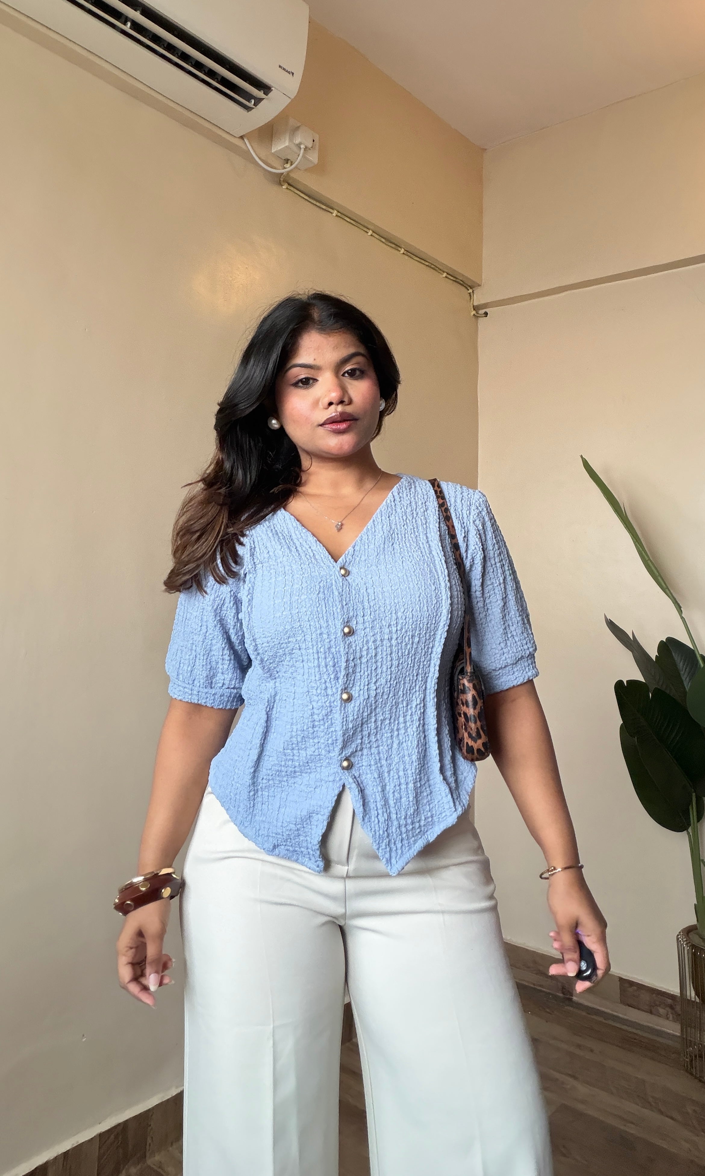 Blue V neck golden button half Sleeve shirt