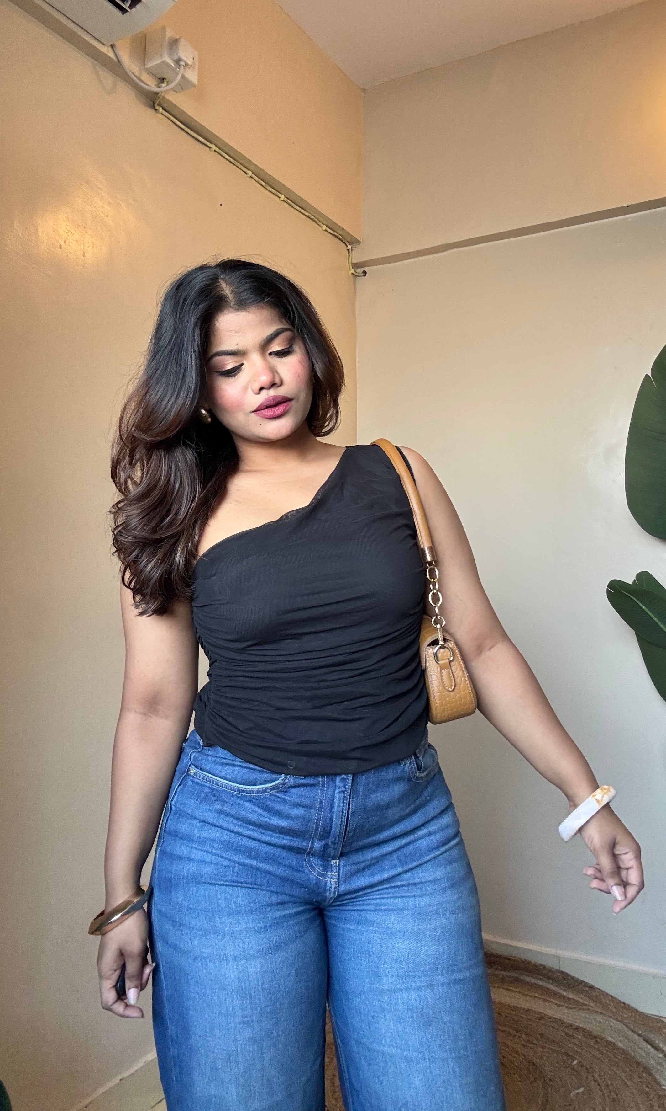 Black One-Shoulder Mesh Top