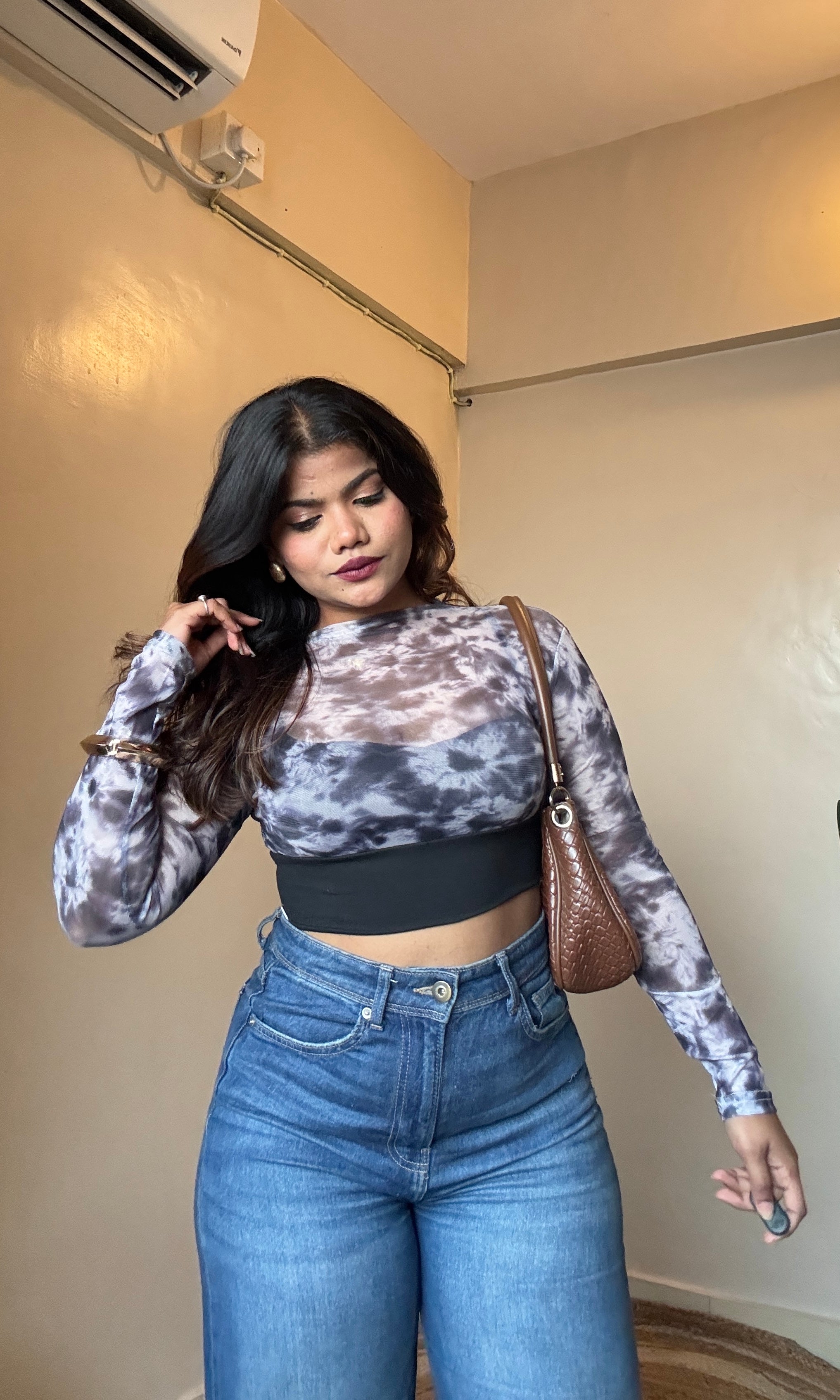 Black Marble Print Mesh Padded Top