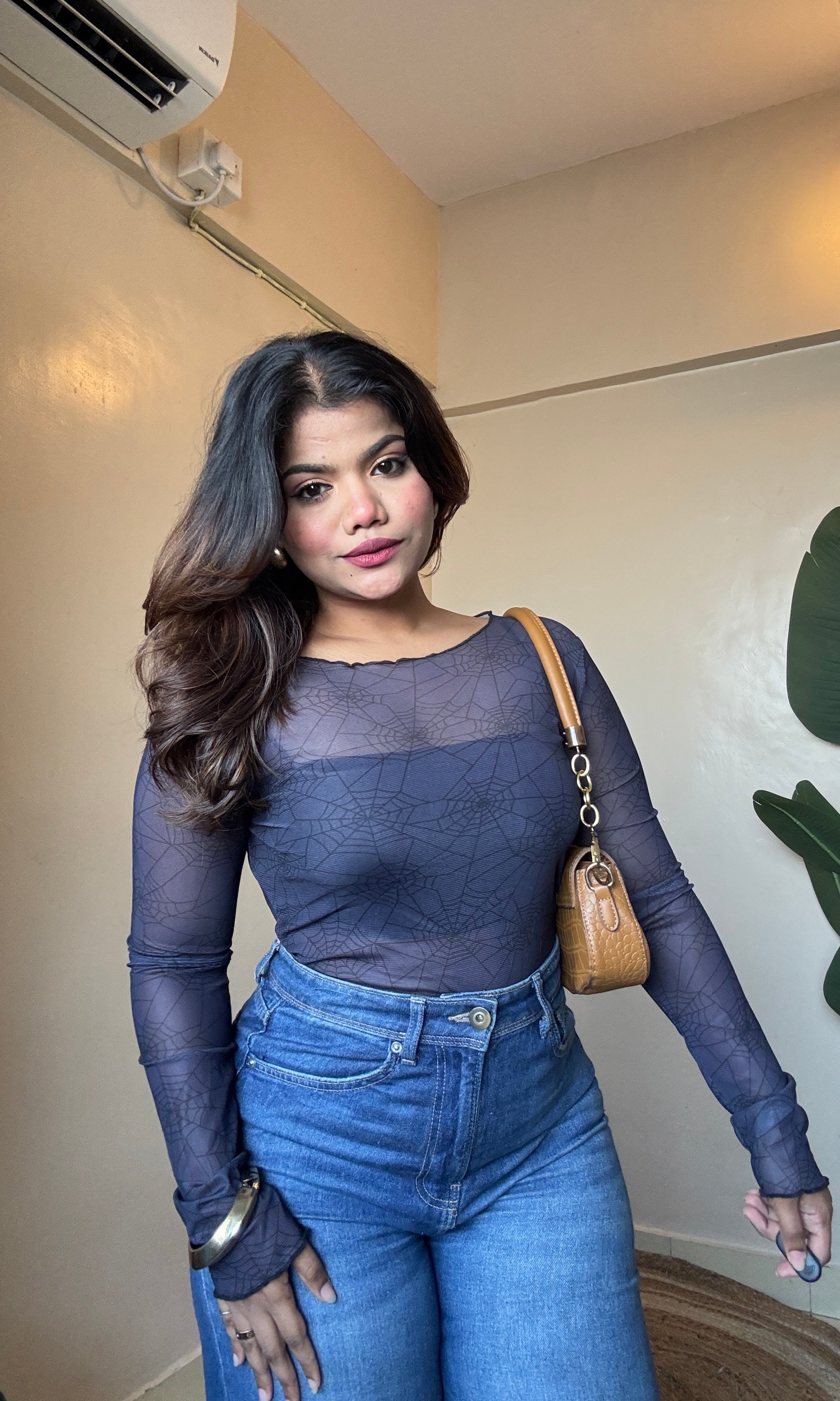 Black Printed Mesh Top With Inner