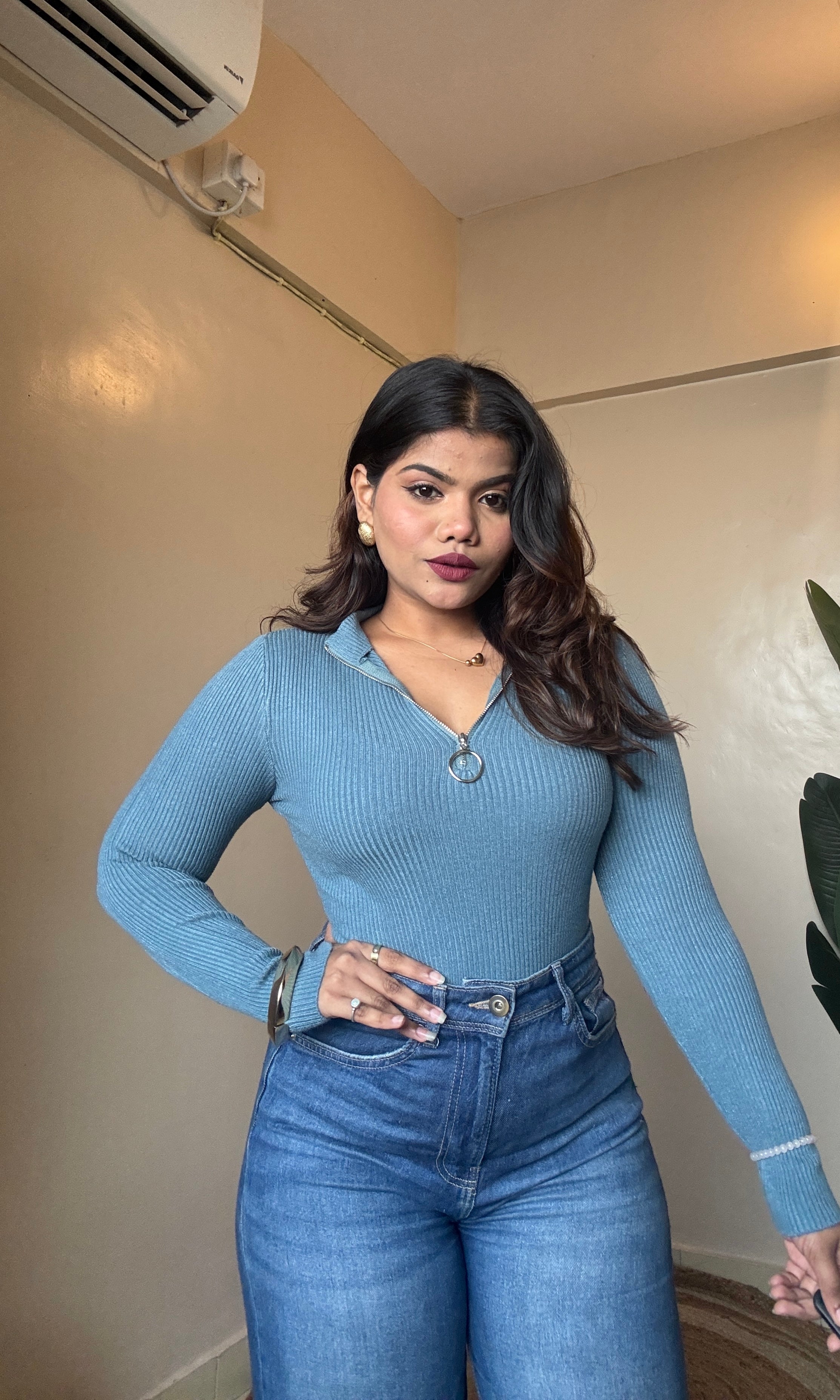 Zipper Neck Ribbed Top