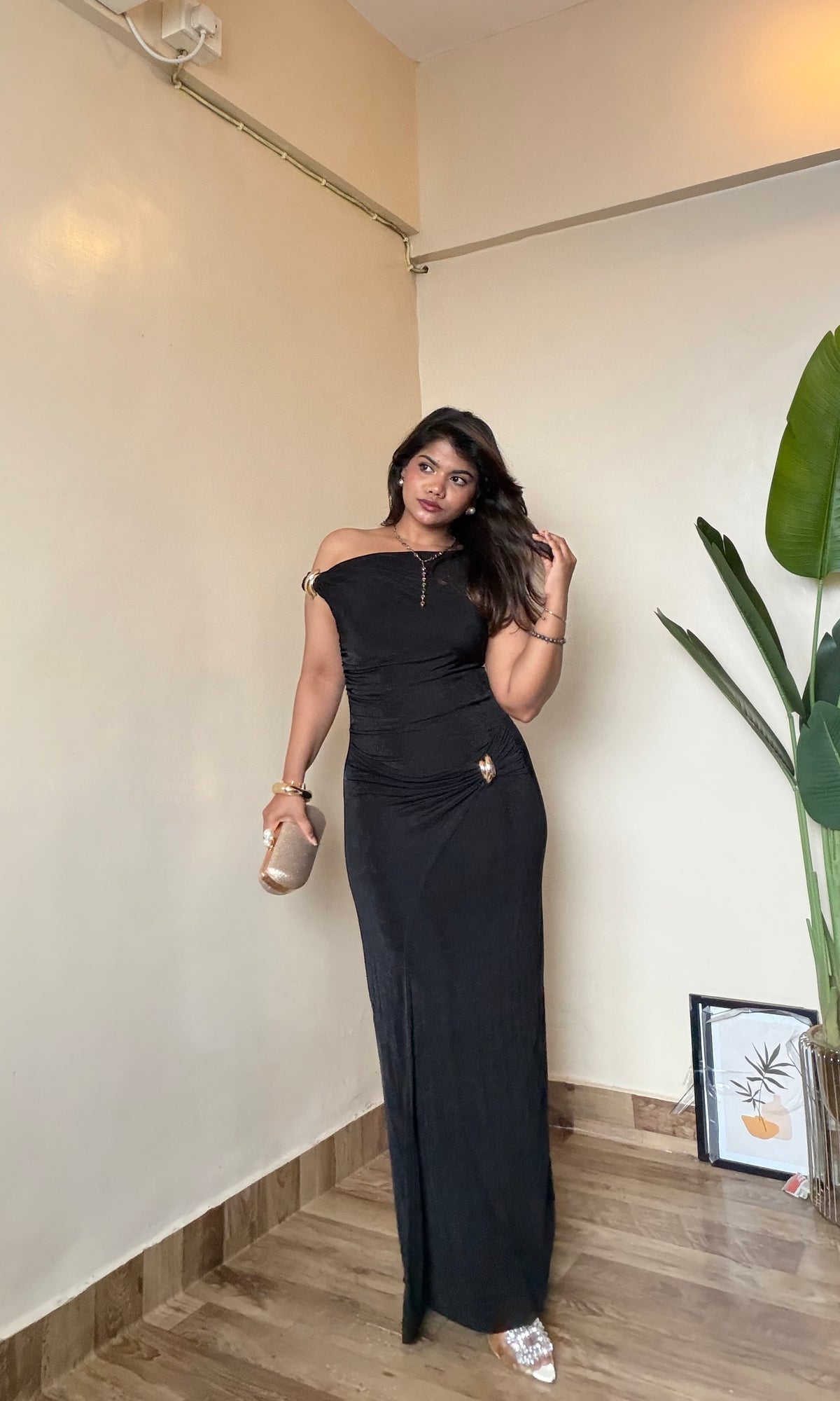 Black One Shoulder Draped Ruched Dress