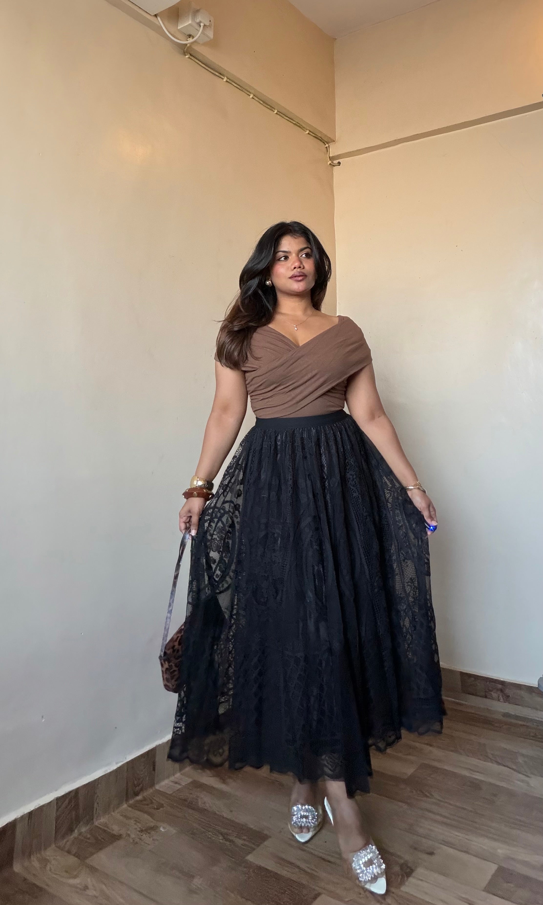 Combo Brown Top With Black Statement Lace Skirt