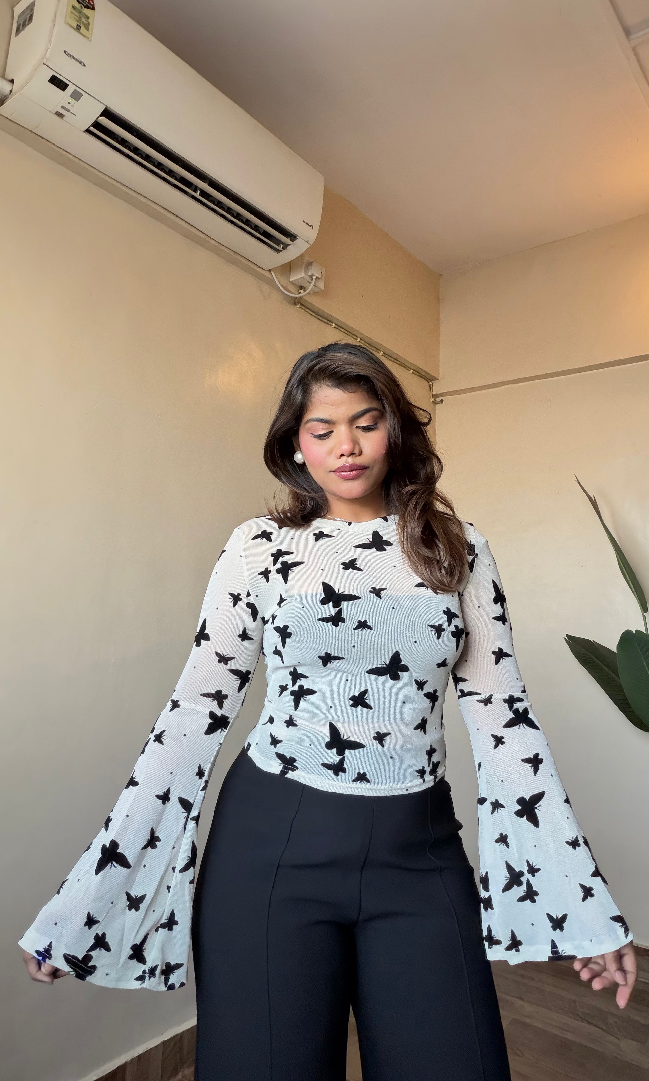 Butterfly Bell Sleeve Sheer Top With Inner
