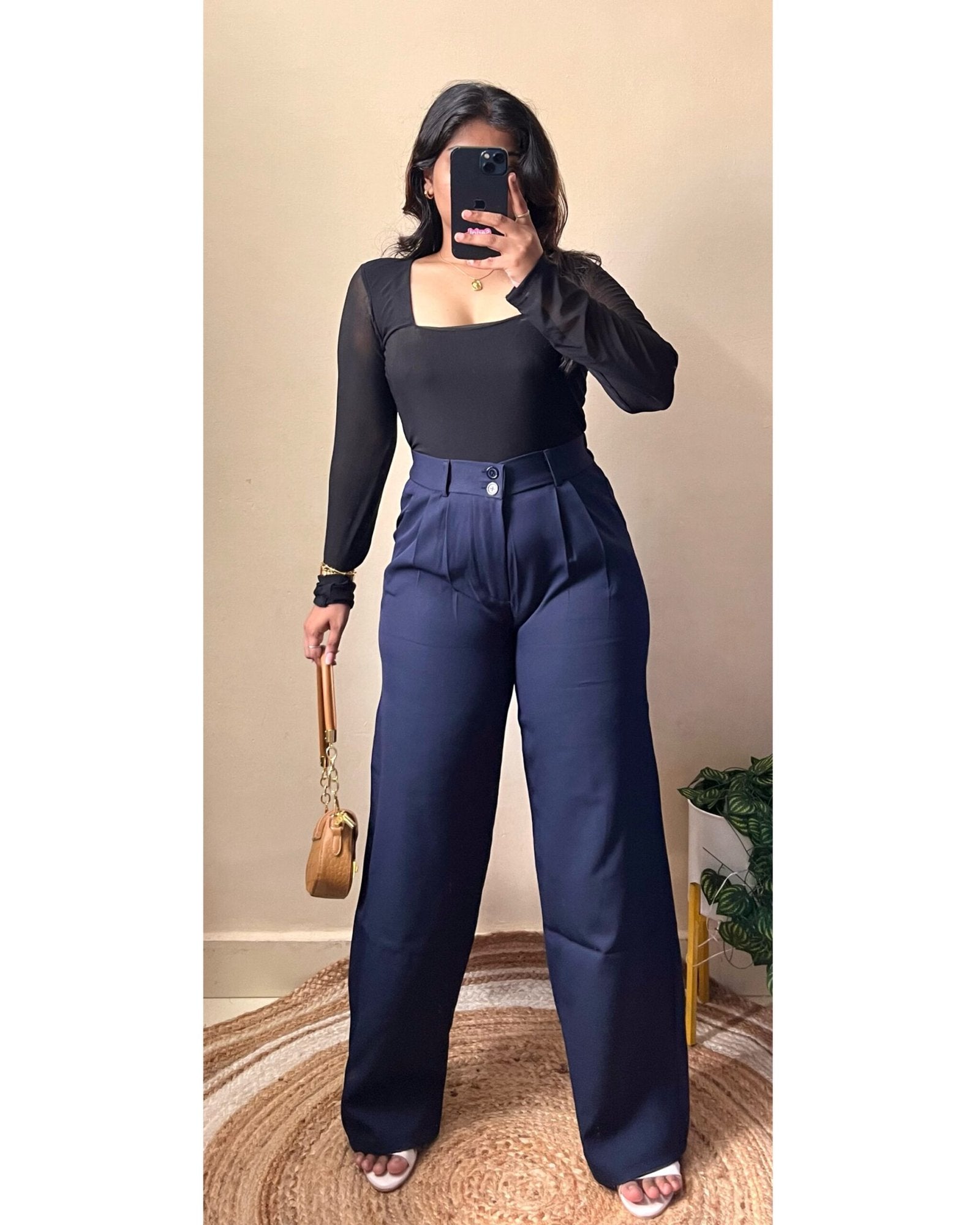 Korean Double Button Navy Blue High Waist Pants