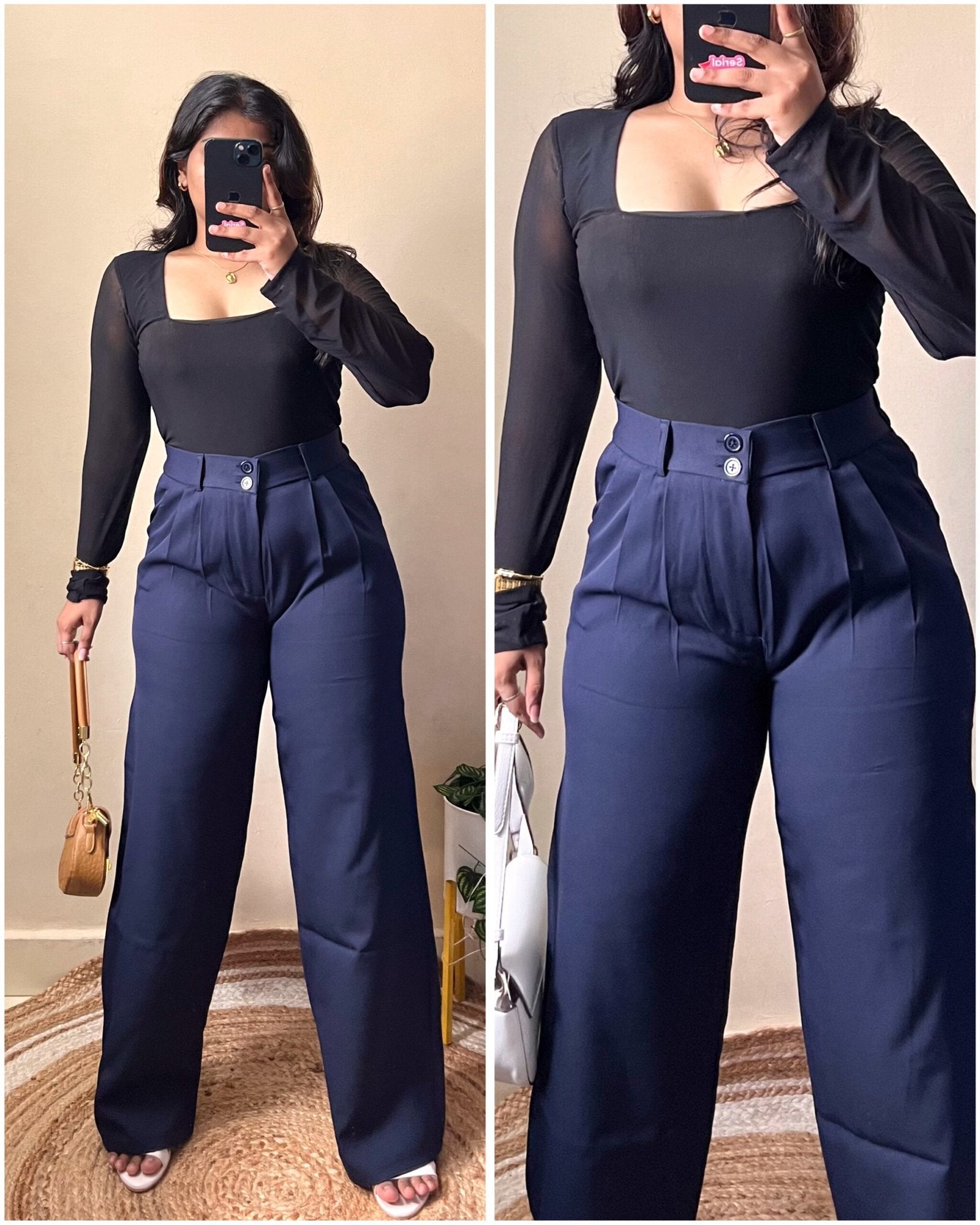 Korean Double Button Navy Blue High Waist Pants