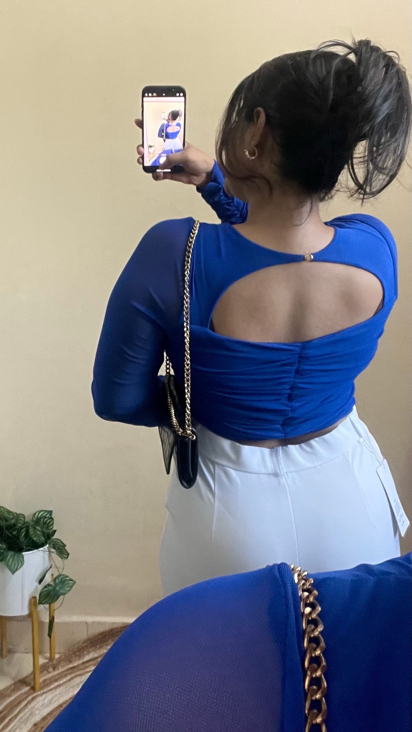 Blue Ruched Mesh Top