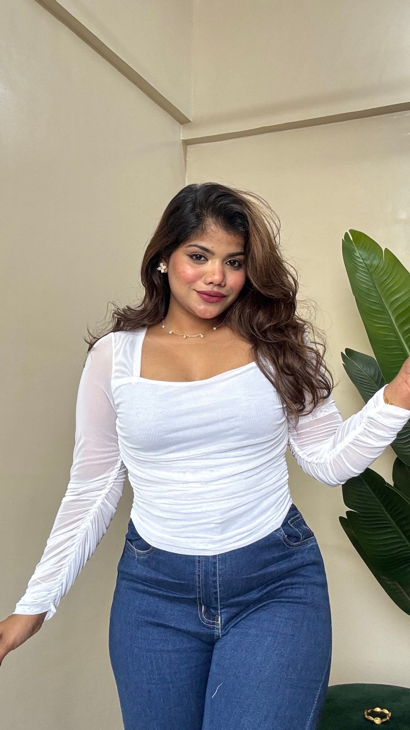 White Ruched Mesh Top