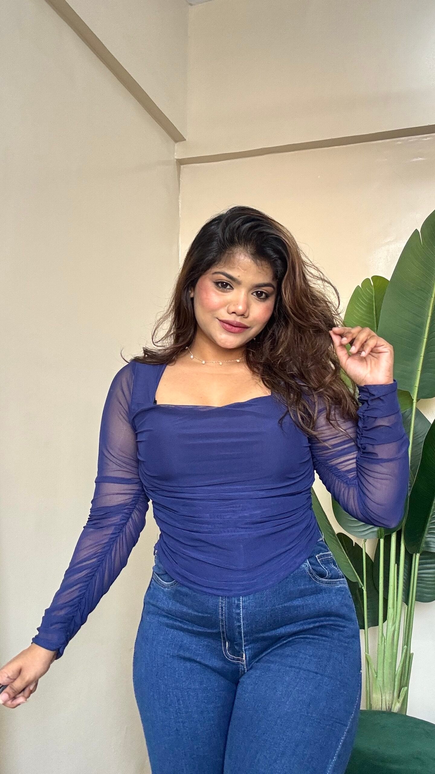 Blue Ruched Mesh Top