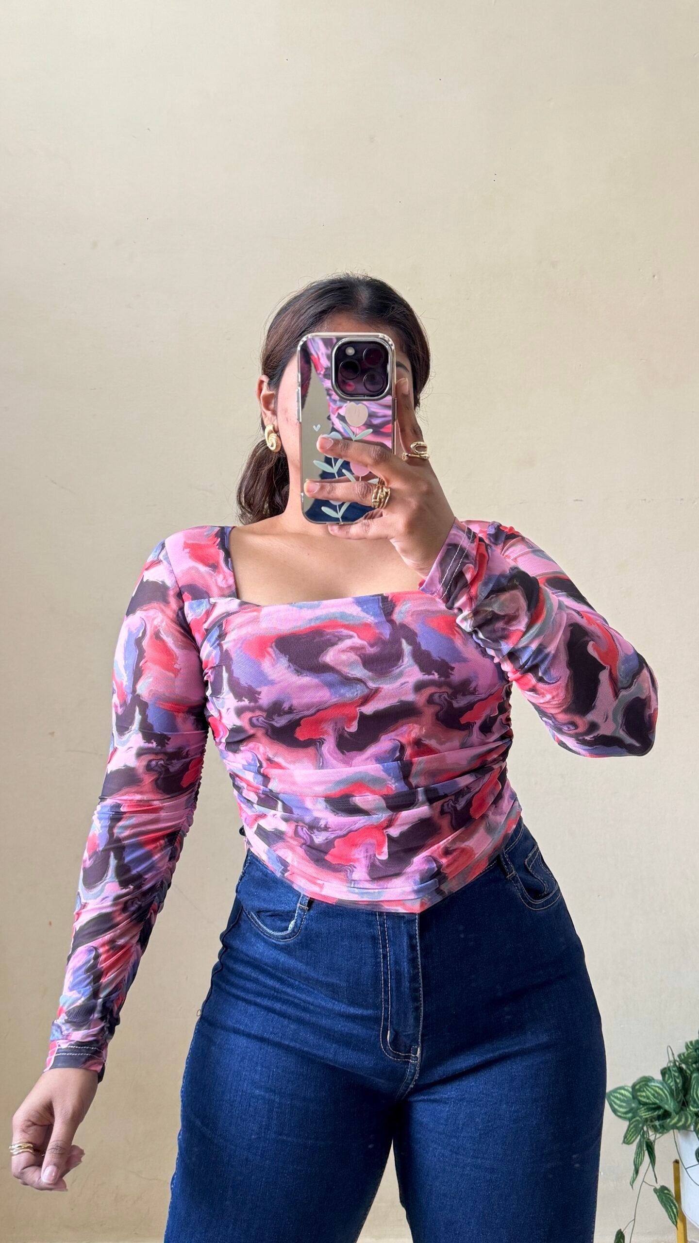 Pink Tie Dye Print Ruched Mesh Top (Size : 30-34 Bust)