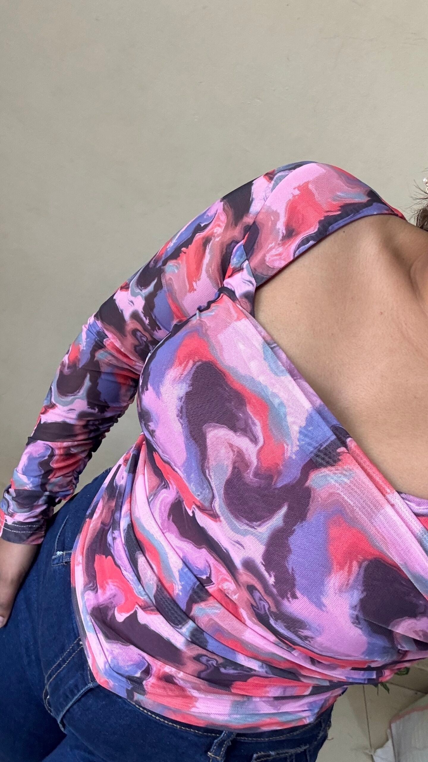 Pink Tie Dye Print Ruched Mesh Top (Size : 30-34 Bust)