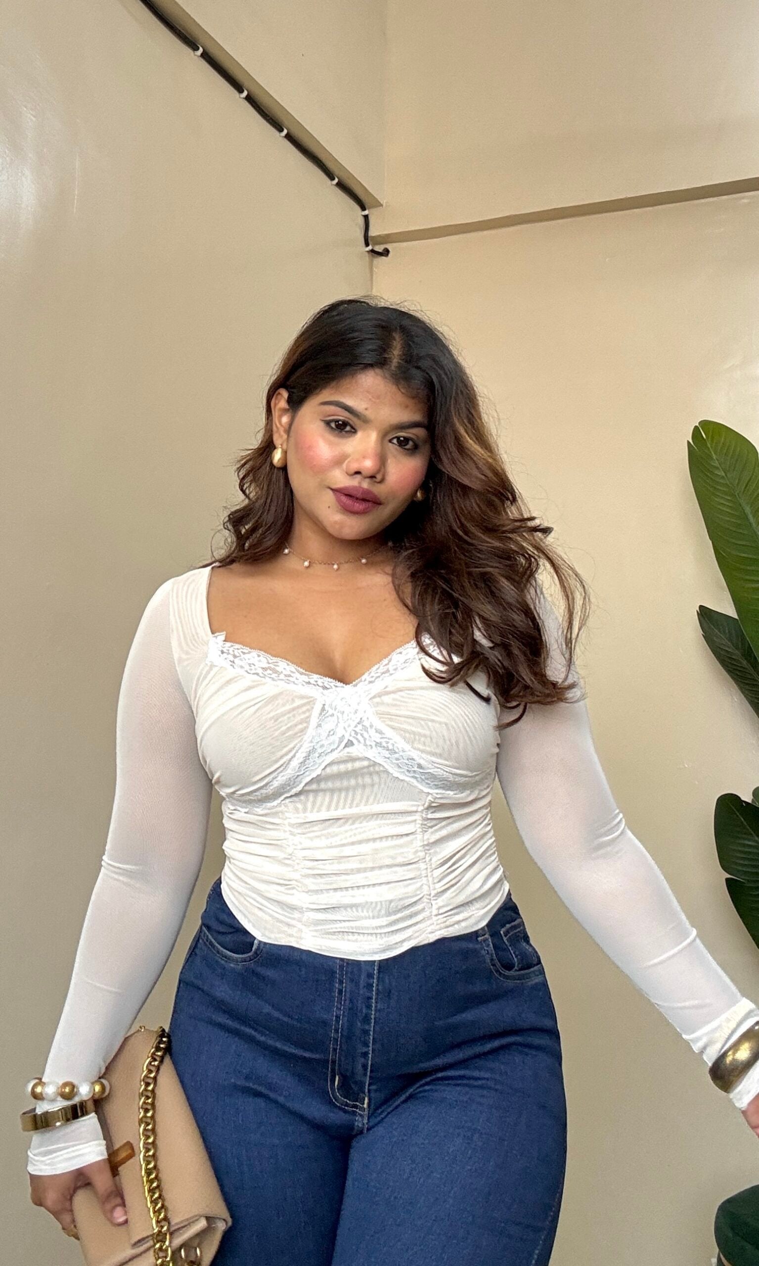Ivory Ruched Lacy Mesh Top