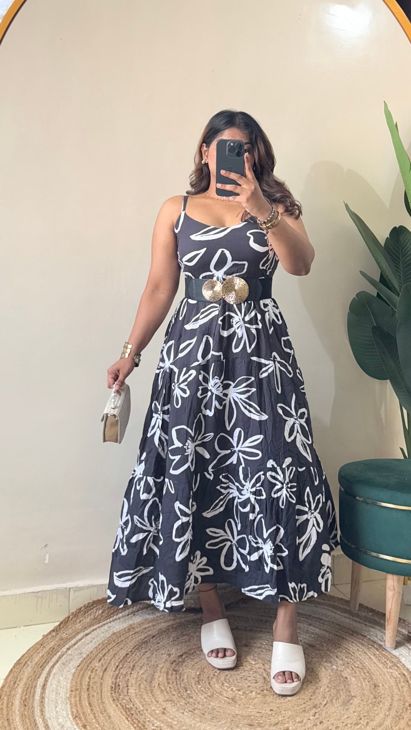 Grey Floral Flowy Dress With Belt