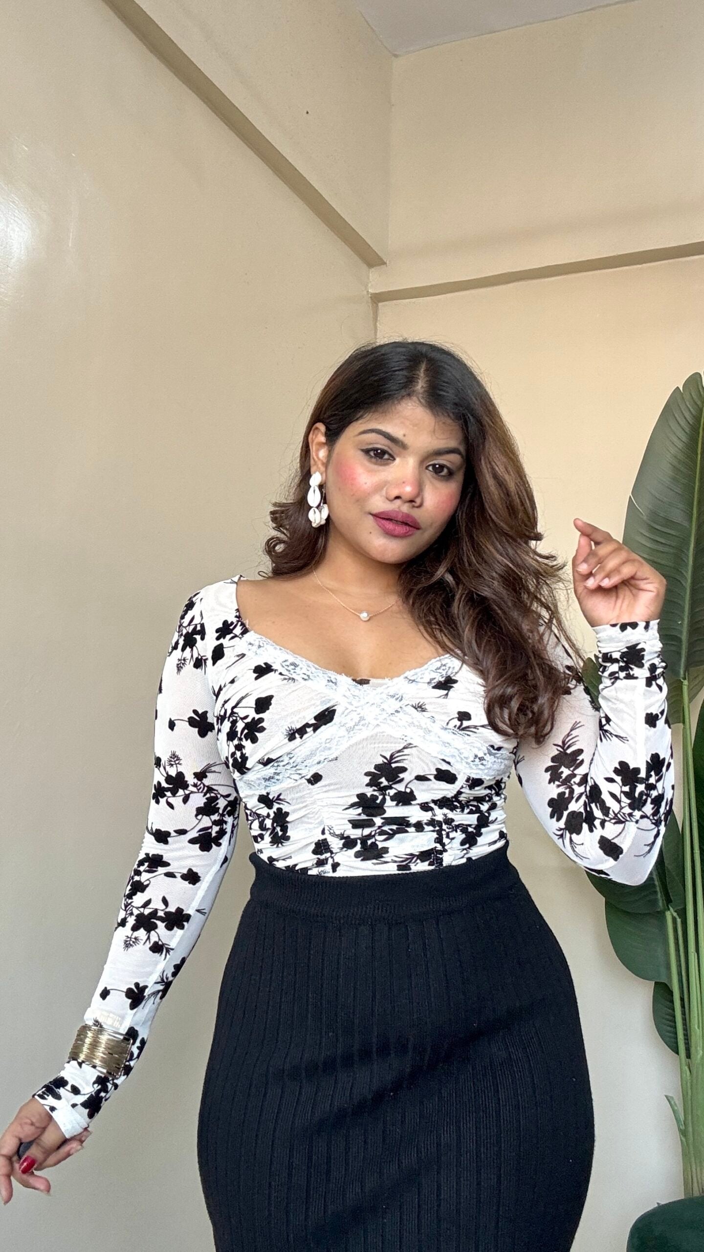 Floral Barque Print Mesh Top