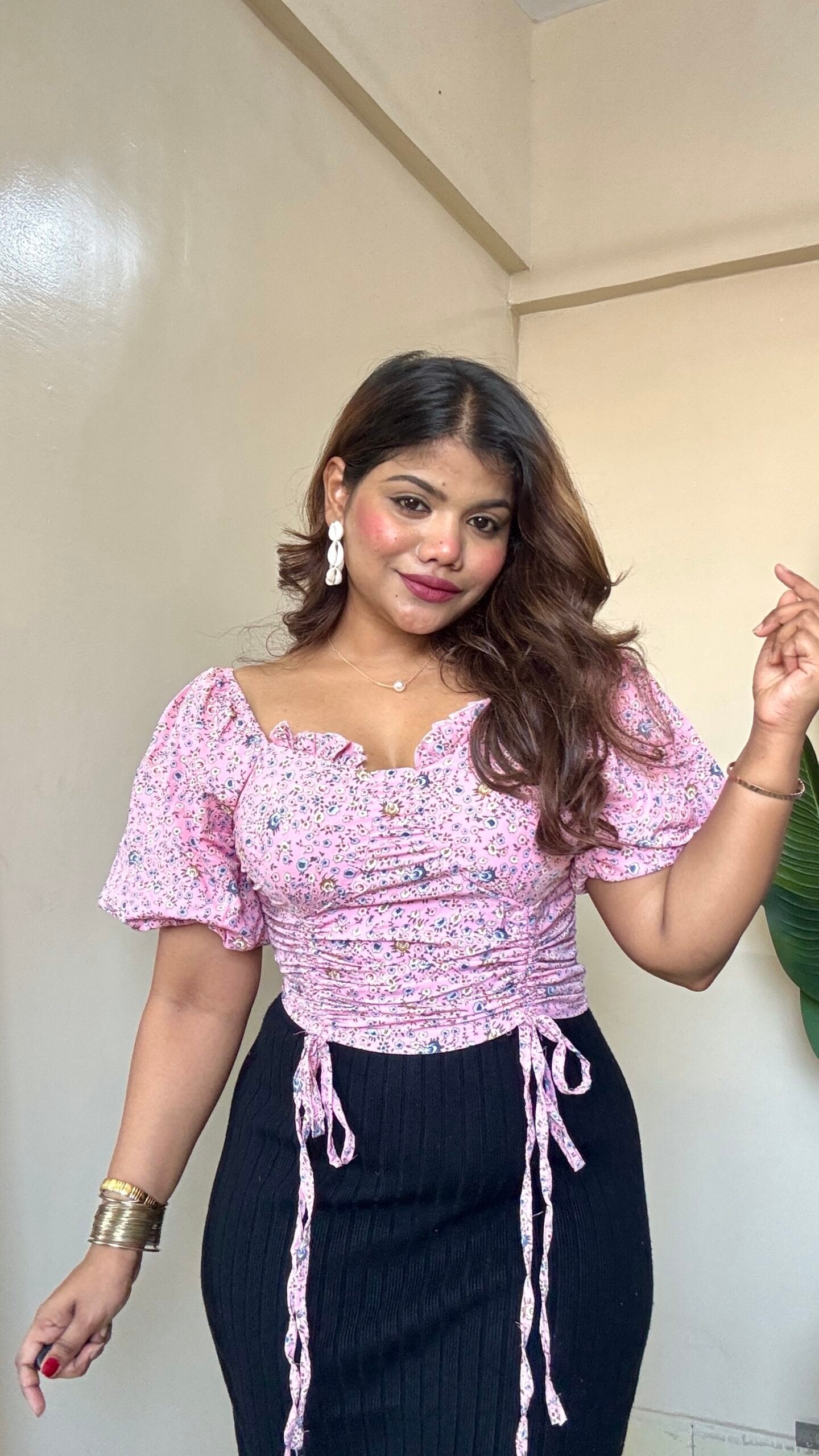 Pink Floral Puff Sleeve Padded Top